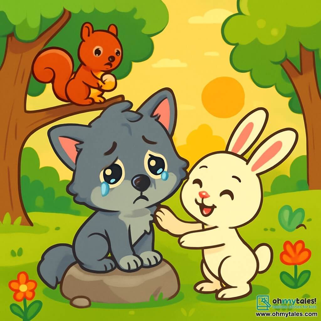 A small wolf with soft gray fur and bright eyes sits on a round stone, displaying a sad expression with sparkling tears on its cheeks. It looks at its friends with a melancholic air, its tail quivering and ears drooping. Nearby, a small rabbit with big ears and white fur approaches with a comforting smile to offer a hug. She appears joyful and attentive, her eyes sparkling with compassion. A red squirrel perched on a branch holds a small shiny stone and watches the scene with curiosity, its face showing a friendly expression. The setting is a green meadow dotted with colorful flowers and bathed in the golden light of the setting sun. Majestic trees with vibrant green leaves surround the field, creating a peaceful and warm atmosphere. In this scene, the little wolf expresses its sadness while its friends come to comfort it, illustrating the importance of sharing emotions and receiving support.