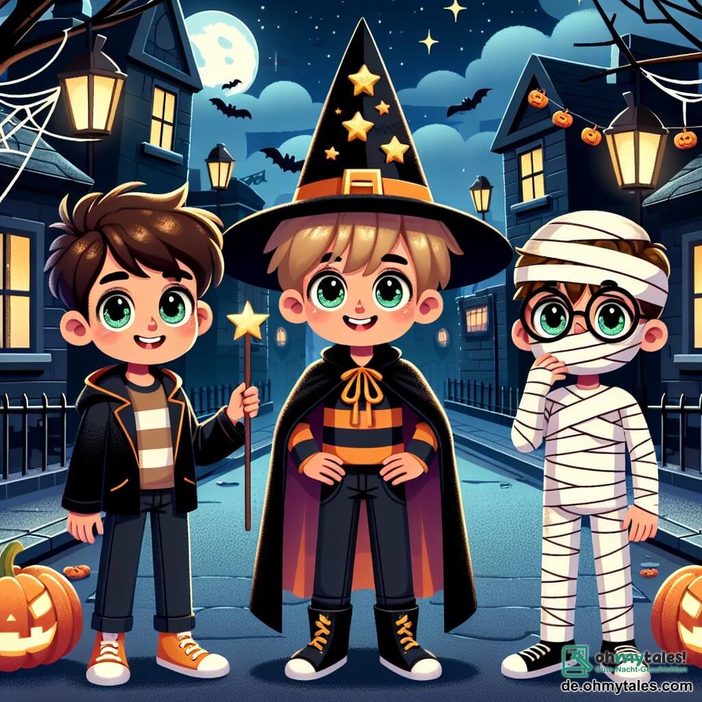 In einer für Halloween dekorierten Straße stehen drei Freunde zusammen: Max, ein 10-jähriger Junge mit zerzausten braunen Haaren und einem großen Lächeln, trägt ein schwarzes Hexenkostüm mit goldenen Sternen und einen spitzen Hut. Neben ihm steht Leo, ein 9-jähriger Junge mit blonden Haaren und funkelnden Augen, der ein Vampirkostüm mit einem roten Umhang trägt. Schließlich ist da Ben, ein 10-jähriger Junge mit Brille und braunen Haaren, der als Mumie verkleidet ist, mit Bandagen umwickelt. Sie stehen vor einem gruseligen Haus, geschmückt mit Spinnweben und leuchtenden Kürbislaternen. Die dunkle Straße ist von Laternen und Halloween-Dekorationen erleuchtet, während die Schatten an den Wänden der Häuser tanzen. Die Bäume sind kahl, ihre Äste strecken sich wie skelettartige Arme in den sternenklaren Himmel. Max hebt seinen Zauberstab und ruft „Abrakadabra!“, während ein großer, lächelnder Zauberkürbis auf sie zurollt, bereit, ihnen Süßigkeiten im Austausch für eine Geschichte zu geben. Die Freunde sind von einer Atmosphäre des Geheimnisses und der Magie umgeben, mit funkelnden Sternen über ihnen.