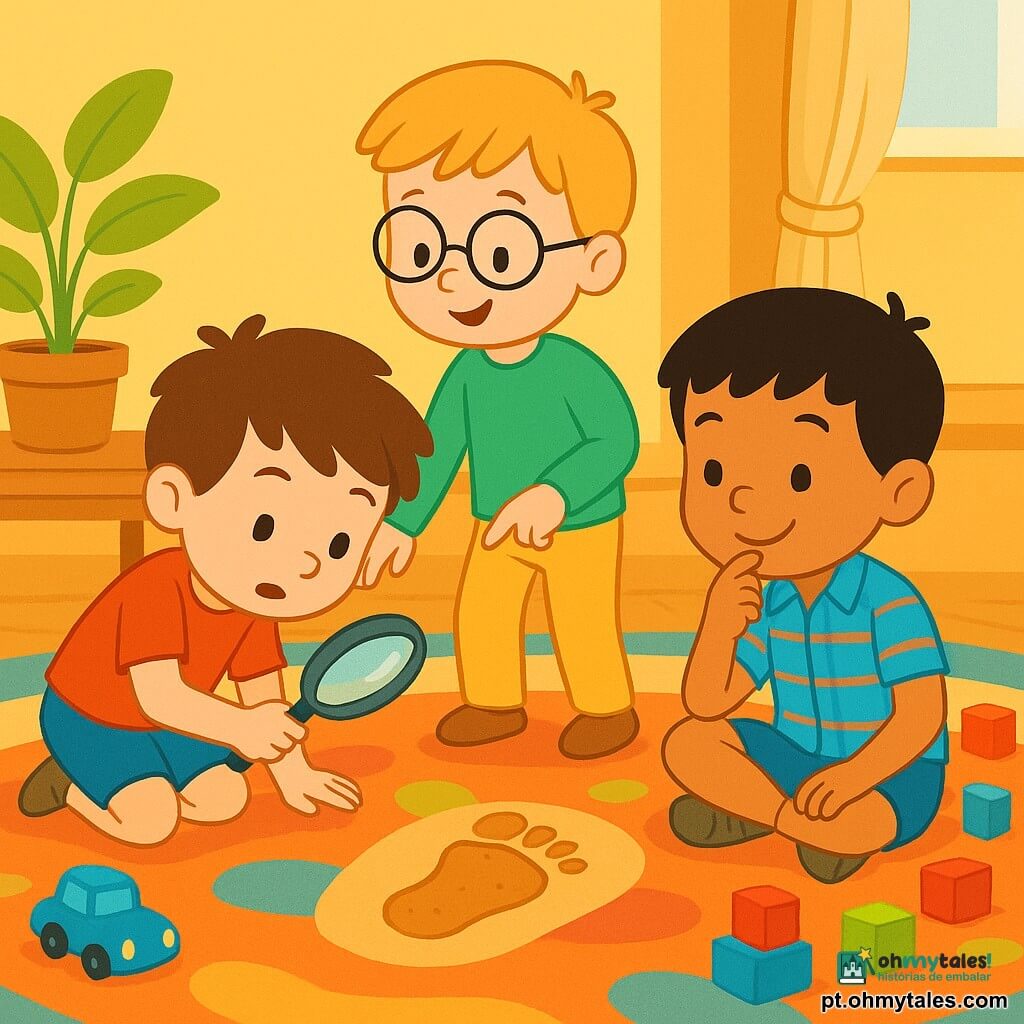 Há 3 personagens: - Pedro: um menino de 6 anos, com cabelo castanho bagunçado e olhos brilhantes. Ele usa uma camiseta vermelha e um short azul. Está agachado, examinando o chão com uma lupa. - Lucas: um menino de 5 anos, com cabelo loiro e óculos redondos. Ele veste um suéter verde e uma calça amarela. Está em pé, apontando para uma pegada de biscoito no tapete. - João: um menino de 6 anos, com cabelo preto e um grande sorriso. Ele usa uma camisa xadrez e shorts de denim. Está sentado no tapete, cercado por blocos coloridos, pensando na próxima etapa da investigação. O local é uma sala de estar aconchegante, com um grande tapete macio de padrões coloridos, paredes pintadas de amarelo pastel e uma mesa de madeira onde há um grande pote de biscoitos. Brinquedos estão espalhados ao redor, e uma luz suave entra pelas cortinas. A situação principal mostra os três amigos em plena investigação, procurando pistas para encontrar o misterioso ladrão de biscoitos. Eles estão concentrados e determinados, com expressões curiosas em seus rostos.