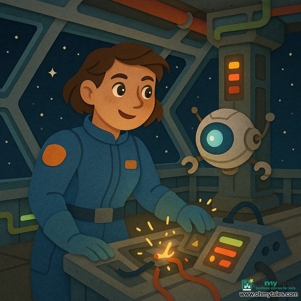 The main woman is a ~30-year-old captain with a determined, smiling face, bright eyes, short practical hair and a blue spacesuit with orange accents; she stands with one hand on a large glowing control panel. A small round silver companion robot (Arty) with a blue glowing eye and articulated arms floats beside her, glowing and friendly. The skydock is a large suspended metal bay with wide glass panels showing a starry sky, colorful pipes, flashing orange and green neon, and a central pillar with red and yellow indicators. The captain and robot are repairing a blinking control panel with exposed cables and soft sparks as lights gradually return, creating a calm, reassuring adventurous mood.