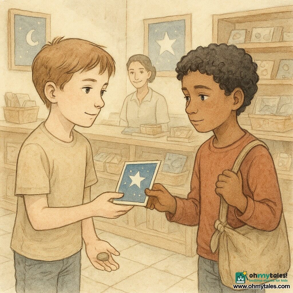 10-year-old boy (Leo) with a gentle, focused expression, short chestnut hair and hazel eyes, offering a small starry postcard; about 9-year-old boy (Amir) with shy, moved expression, warm skin and curly black hair, accepting the card with one hand while clutching a worn tote bag with a knotted strap in the other, standing to Leo's right; adult woman (Ms. Carter), 30–40, hair tied back, warm gaze, smiling quietly from near the shop counter in the background; inside a museum shop with light wood shelves, boxes of shiny stones, baskets of colorful postcards, soft filtered light, tiled floor and astronomy posters; main moment: a discreet, tender exchange—Leo gives a postcard as a gift, Amir receives it surprised and grateful, showing the tote’s worn pocket, knotted strap and a small shiny keepsake stone in Leo’s hand, overall intimate, warm atmosphere.