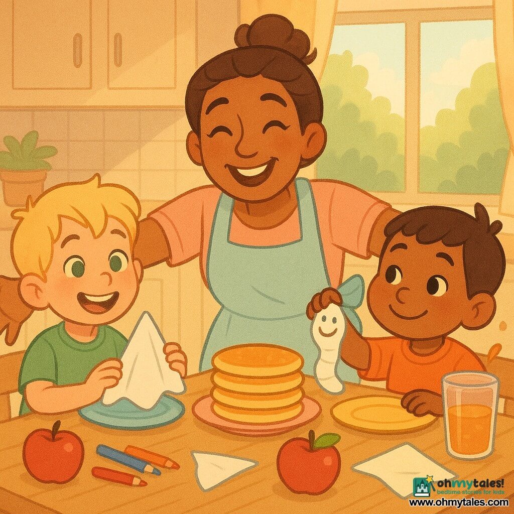 Three characters: a 6-year-old blond boy with sparkling green eyes sitting left of a plate of pancakes holding a towel folded like a "mountain"; a 4-year-old brown-haired boy with rosy cheeks sitting right of the plate holding a towel drawn like a "worm" with a smiley and looking affectionately at his brother; and their mother, about 30, chestnut hair in a loose bun, soft eyes, laughing with open arms to embrace the children, standing slightly bent toward the table wearing a pastel apron; set in a sunny kitchen with a light wood table, colorful plates, a stack of golden pancakes, shiny red apples, a glass of orange juice with a small splash, scattered napkins and crayons, and a window showing a green garden and warm morning light; the boys proudly present their folded towels while the mother laughs and hugs them, creating a tender, joyful family scene with soft colors, rounded lines and exaggerated smiling expressions to emphasize warmth.