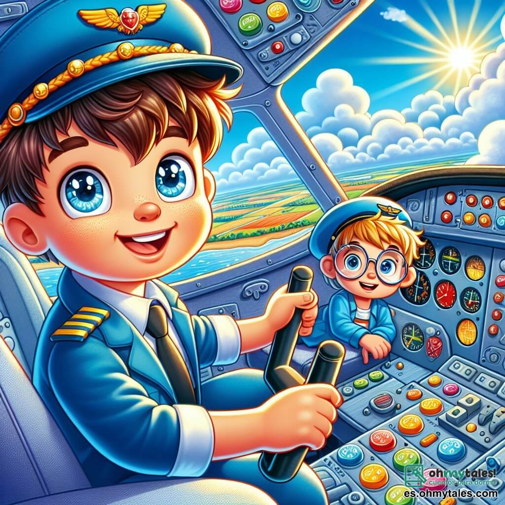 Un joven piloto, Lucas, un chico de 10 años con cabello castaño y ojos brillantes, lleva una gorra de piloto y un uniforme azul. Está sentado en la cabina de un pequeño avión, sonriendo con emoción mientras sostiene el volante, listo para despegar. A su lado, Tomás, otro chico de 9 años con cabello rubio y gafas redondas, lleva un pequeño gorro de piloto y mira por la ventana con asombro, sus ojos bien abiertos, admirando el paisaje de abajo. La cabina está llena de botones coloridos e instrumentos brillantes, mientras que el horizonte se extiende a la vista, con nubes blancas flotando alrededor del avión. La escena se desarrolla en un cielo azul brillante, donde el sol brilla intensamente, iluminando el interior de la cabina y creando una atmósfera alegre y aventurera. Lucas y Tomás están a punto de vivir su primera aventura de vuelo juntos, listos para volar hacia las nubes, simbolizando la emoción y la amistad en su sueño de convertirse en pilotos.