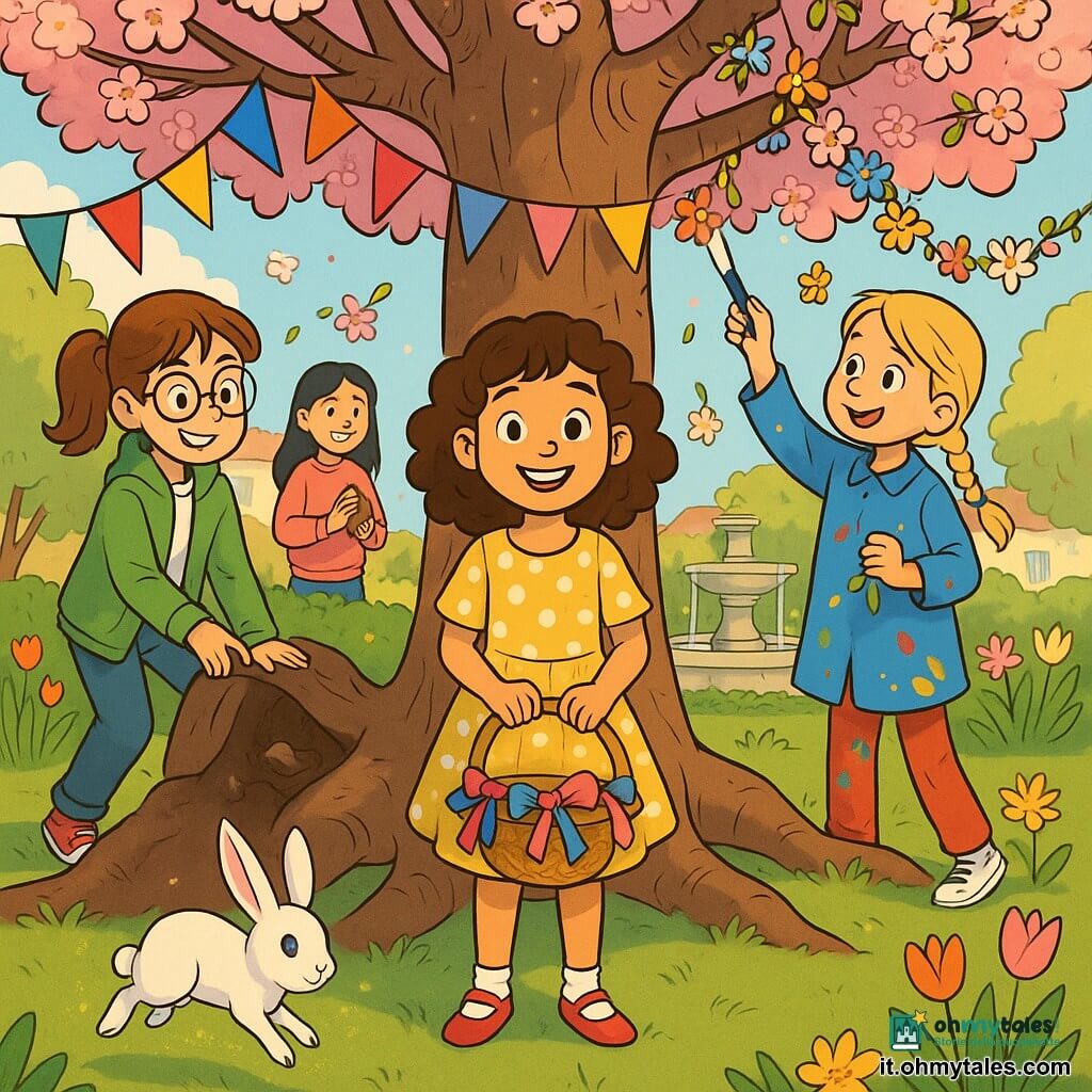 Ci sono cinque personaggi: quattro bambine di 8 anni — Sofia, capelli castani ricci, vestito giallo a pois bianchi, sorridente, al centro davanti a un grande ciliegio con un cesto decorato; Marta, capelli castano raccolti in coda, giacca verde, occhiali tondi, maliziosa, a sinistra mentre infila un piccolo indizio tra le radici; Chiara, capelli biondi intrecciati, camicetta blu macchiata di pittura, pennello in mano, a destra a mettere ghirlande e fiori sui rami; Giulia, capelli neri lisci, maglione rosa, sorriso fiducioso, vicino a una fontana sullo sfondo mentre nasconde un ovetto di cioccolato; e un coniglietto bianco magico, pelo immacolato e occhi brillanti, che salta davanti a loro lasciando una scia di polvere dorata. Luogo: un giardino di paese in primavera con prato verde, vecchio ciliegio dalle grosse radici, fontana di pietra con acqua che scintilla, aiuole di tulipani e narcisi e festoni colorati sui rami, luce dorata di un pomeriggio soleggiato. Situazione: una gioiosa caccia alle uova di Pasqua con le quattro amiche che preparano una sorpresa per le loro famiglie (decorazioni, nascondigli di indizi, cesti), atmosfera festosa, colori vivi ed espressioni meravigliate.