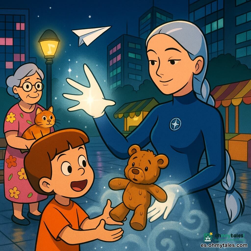 Heroína Vera Vértice, rostro suave y concentrado, emoción: serena y benevolente, largas trenzas plateadas que brillan como hilos metálicos, traje azul noche sin costuras con pequeña brújula broche brillante en el pecho; extiende su mano luminosa para atrapar un avión de papel y un osito mojado en una niebla plateada. Niño de unos 6 años, pelo castaño cortado al cuadrado, manos abiertas, expresión sorprendida y alegre, recibe su osito devuelto por Vera, de pie frente a ella. Mujer mayor (la señora Marta), unos 60 años, vestido de flores y gafas redondas, sostiene un gato atigrado naranja que mira la escena, junto a un banco a la izquierda de Vera. Escenario: plaza urbana nocturna de Neón Claro con altos edificios de fachadas de vidrio y neones, farolas que emiten notas luminosas, puestos de mercado coloridos y suelo empedrado brillante por la niebla. Niebla Olvidadiza: masa perlada con volutas que atrapan objetos brillantes y polvo centelleante. Situación principal: Vera, en el centro, rescata juguetes y objetos perdidos en una nube plateada; niños y vecinos reunidos alrededor, luces de la ciudad y antenas que cantan al fondo, ambiente tierno, mágico y seguro.