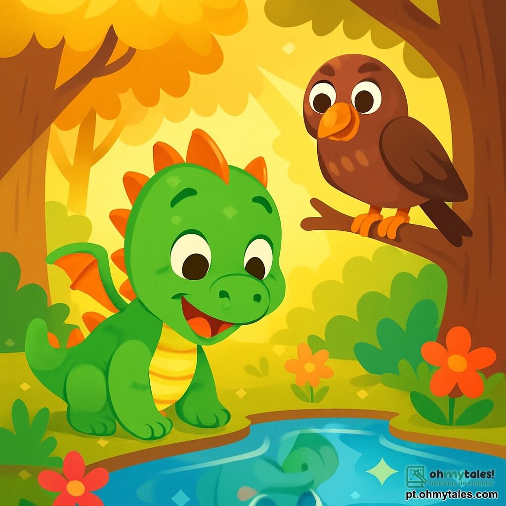 Um pequeno dragão chamado Luninho, com escamas verdes brilhantes e olhos cheios de curiosidade, está à beira de um lago cintilante. Seu rosto expressa uma alegria maravilhada, com um grande sorriso e bochechas rosadas. Ele observa seu reflexo na água clara, onde os raios de sol dançam na superfície. Ao lado dele, uma corvo sábia chamada Olívia, com penas marrons e olhos redondos e astutos, está empoleirada em um galho de árvore. Ela exibe uma expressão doce e encorajadora, observando Luninho com benevolência. O cenário é uma floresta encantada, repleta de árvores majestosas com folhas douradas e flores coloridas ao redor do lago. Raios de luz filtram-se através dos galhos, criando uma atmosfera mágica e acolhedora. A situação principal mostra Luninho, o dragão curioso, descobrindo seu reflexo no lago pela primeira vez, enquanto Olívia o incentiva a explorar o mundo fascinante ao seu redor.