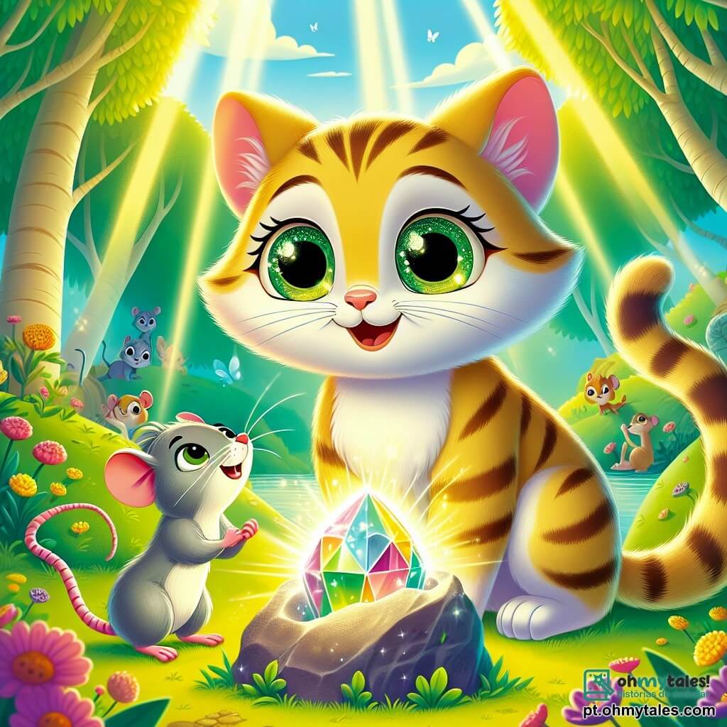Um gato curioso chamado Miau, com pelagem listrada em tons dourados e olhos verdes brilhantes, está no centro da cena, com as orelhas em pé e um sorriso maravilhado no rosto, segurando com as patas uma pedra brilhante que cintila intensamente. Ao seu lado, sua melhor amiga, Pipoca, uma pequena rata com pelagem cinza e olhos travessos, levanta a pata para tocar a pedra, exibindo uma expressão de empolgação. A cena ocorre em uma linda clareira ensolarada, cercada por árvores de folhas verdes vibrantes e flores coloridas que dançam ao vento, enquanto um suave raio de sol ilumina a pedra mágica. Miau e Pipoca estão diante de um grupo de animais da floresta, que os observam com curiosidade, prontos para descobrir o poder da pedra da amizade. A situação principal mostra Miau e Pipoca descobrindo a pedra brilhante, simbolizando o início de uma aventura mágica onde a amizade e a solidariedade são celebradas.
