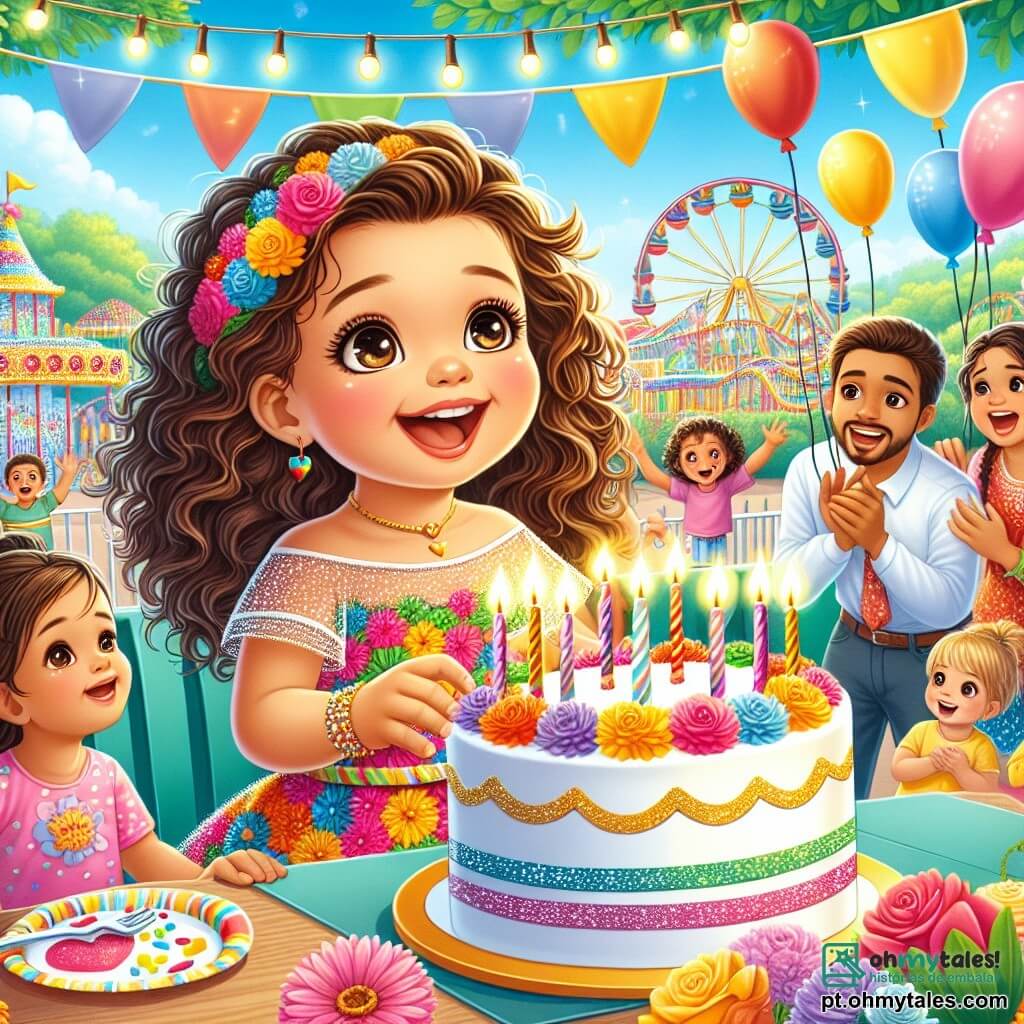 Uma menina de 2 anos, com cabelos cacheados e olhos brilhantes, veste um vestido colorido decorado com flores. Ela está cheia de alegria, sorrindo amplamente enquanto descobre uma surpresa de aniversário no parque. Ao seu lado, sua mãe, uma mulher na casa dos trinta anos com cabelos longos e castanhos, a observa com ternura, segurando um grande balão em forma de coração. Um pouco mais longe, seu pai, um homem na casa dos trinta anos com uma barba leve e um sorriso caloroso, segura um bolo de aniversário decorado com velas coloridas, pronto para colocá-lo em uma mesa. O local é um parque de diversões ensolarado, repleto de cores vivas: carrosséis brilhantes, árvores verdes e flores vibrantes. Crianças riem e brincam ao redor, contribuindo para a atmosfera festiva. A cena principal mostra a menina descobrindo uma mesa decorada com balões e um grande bolo de aniversário, cercada por seus amigos que gritam "Surpresa!" com sorrisos radiantes em seus rostos.