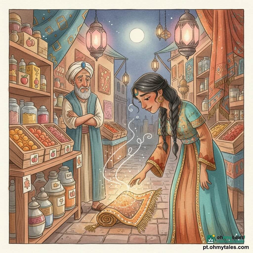 Yasmina, mulher adulta de rosto sereno e curioso, cabelos pretos trançados e vestido longo em turquesa e ocre, inclina‑se sorrindo e estende a mão delicadamente para um pequeno tapete enrolado que brilha, com franjas douradas emitindo luz âmbar; Djalil, velho algarveiro com barba grisalha e turbante, está à esquerda atrás de uma prateleira de frutos secos, de braços cruzados e olhar desconfiado e comovido; o bazar noturno é apertado e colorido, com lanternas de metal, caixas de tâmaras e especiarias, tecidos geométricos e chão de pedras sob a luz baixa da lua; momento mágico em que o tapete começa a irradiar, três volutas de brisa perfumada a canela desenham‑se no ar e surge uma linha bordada na sua borda; estilo em aguarela suave, cores quentes (ocre, turquesa, cobre), texturas detalhadas da lã do tapete, luzes rosadas das lanternas e realces brancos nas franjas e nas volutas.