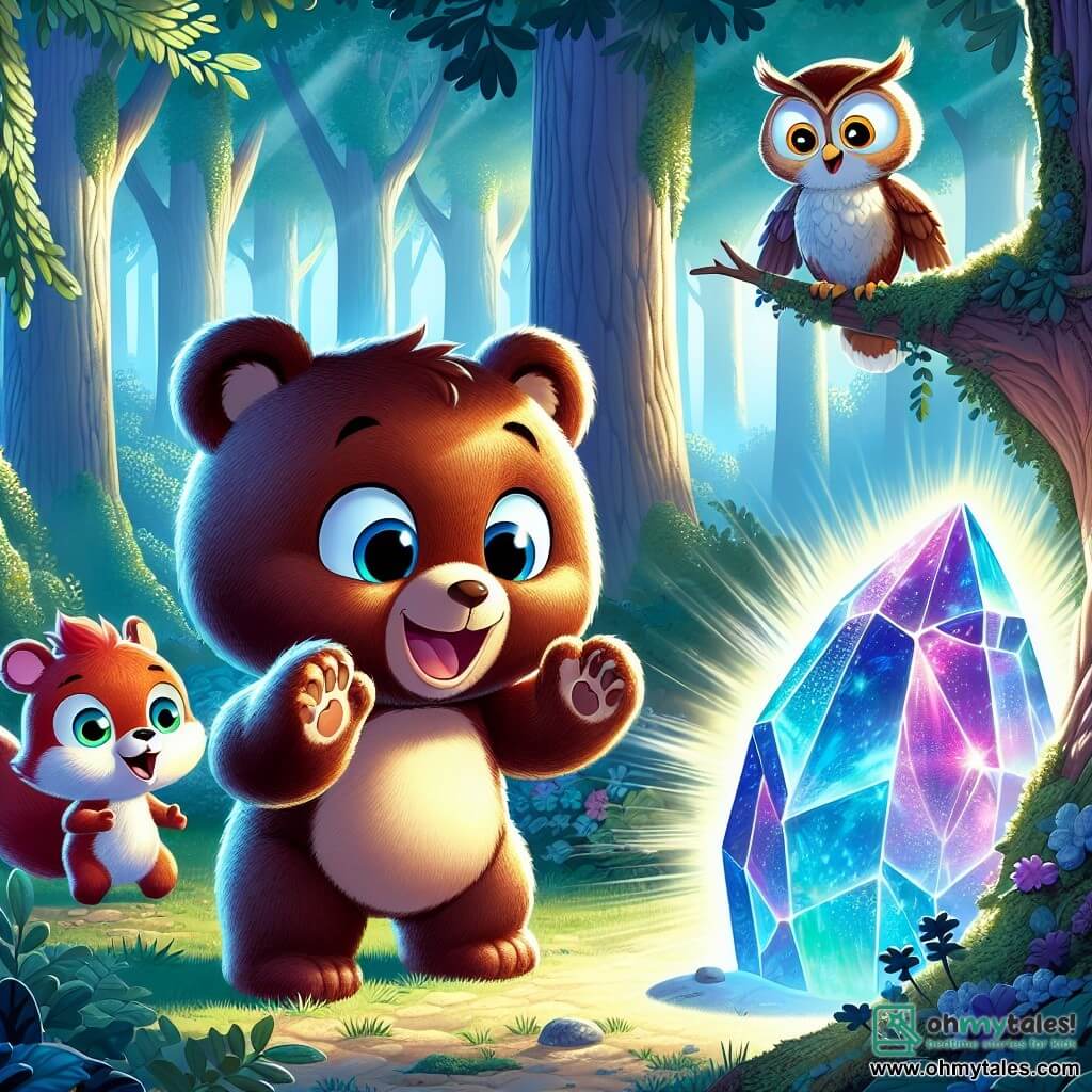 Benny, a young chocolate-brown teddy bear with big round amazed eyes, stands in front of a shimmering stone reflecting blue and purple hues, wearing an excited smile. Next to him, Sammy, a small squirrel with reddish fur and a bushy tail, jumps for joy, his eyes sparkling with curiosity, while Olivia, a wise owl with white feathers and golden eyes, watches the scene with intrigue from a branch. The setting is an enchanted forest with majestic trees, vibrant green leaves, and sunlight filtering through the foliage, creating a magical atmosphere. The main focus shows Benny, Sammy, and Olivia, fascinated by the mysterious stone that begins to glow intensely, signaling the start of their time travel adventure.