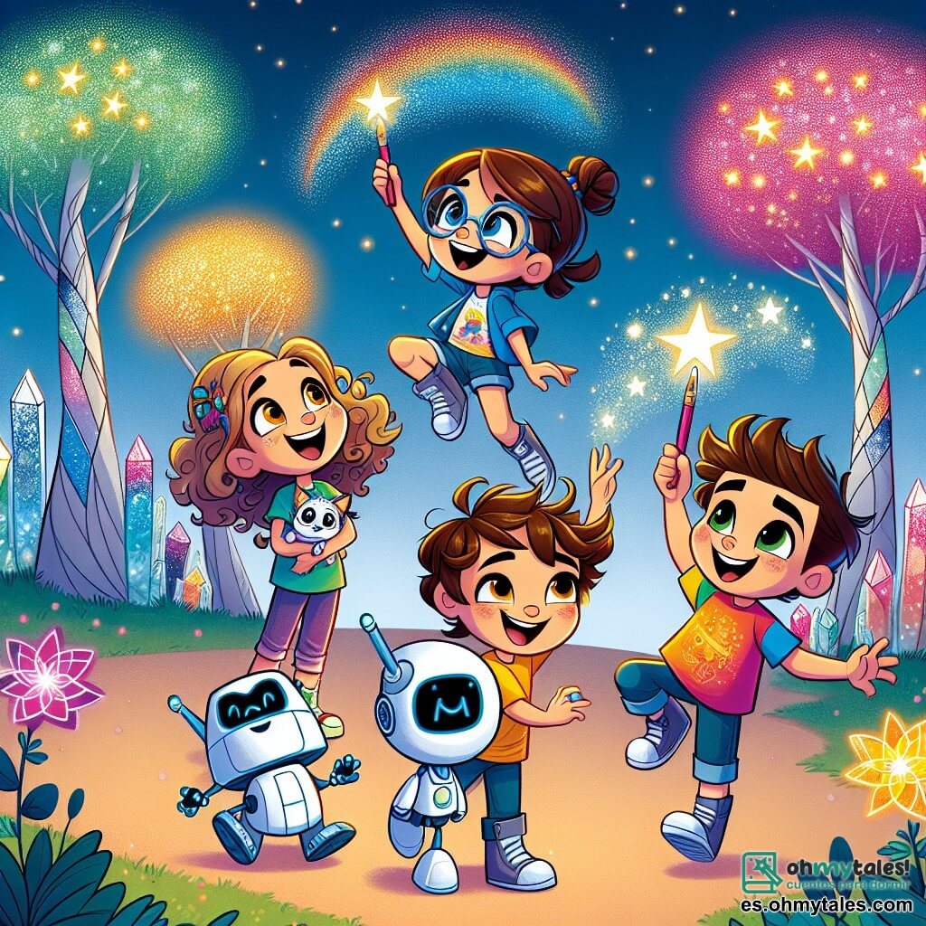 En un parque futurista, cuatro amigos están juntos, radiantes de alegría. Sofía, una niña de 10 años con grandes ojos brillantes y cabello rizado, sonríe sosteniendo un pequeño robot en forma de perro llamado Bibi. A su lado, Lucas, un niño de 11 años con cabello despeinado y una camiseta colorida, señala al cielo con entusiasmo, soñando con volar. Elena, una niña de 10 años con gafas redondas y cabello trenzado, se inclina sobre un dibujo que ha hecho en el aire con su lápiz mágico, creando estrellas brillantes. Finalmente, Mateo, un niño de 11 años con una amplia sonrisa y cabello castaño, estalla en risas, rodeado de flores coloridas que brillan al sol. El parque es un lugar encantador, lleno de árboles con hojas de cristal que reflejan los colores del arcoíris. Las flores mágicas cambian de color con cada sonrisa, y robots amigables se mueven por ahí, ayudando a los niños a jugar. La escena principal muestra a los amigos creando un espectáculo de colores en el cielo con el lápiz mágico de Elena, mientras Bibi, el pequeño robot, los observa con ojos chispeantes, y las flores a su alrededor florecen en respuesta a su alegría.
