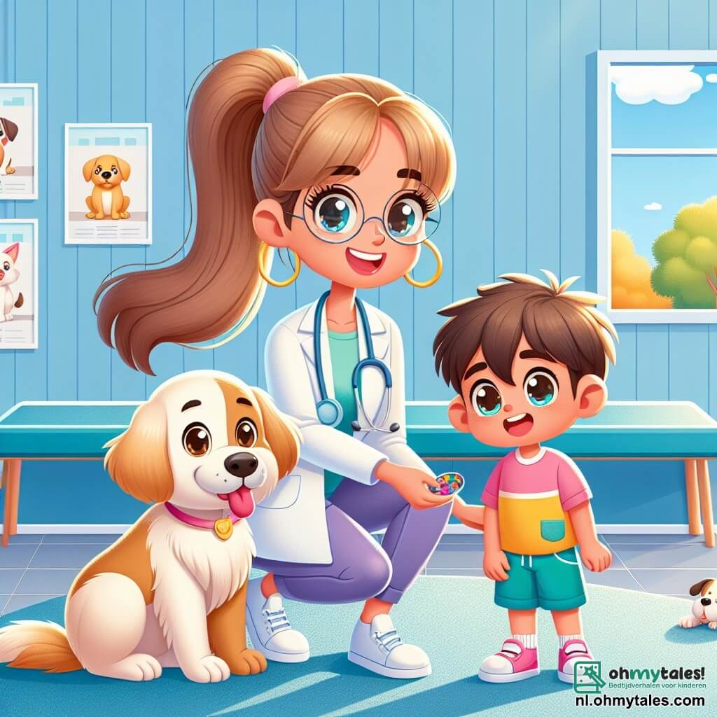 Dr. Sophie is een vrouwelijke dierenarts van ongeveer dertig jaar, met lang bruin haar in een paardenstaart. Ze draagt een witte labjas en heeft een warme glimlach, wat haar passie voor dieren laat zien. Ze zit naast een blije golden retriever genaamd Bella, terwijl ze haar een traktatie geeft en haar aandachtig onderzoekt. Thomas is een achtjarig jongetje met een rommelig kapsel en nieuwsgierige ogen. Hij staat naast Sophie, vol verwondering te kijken naar wat er gebeurt, met een grote glimlach op zijn gezicht. Hij draagt een kleurrijk t-shirt en een korte broek, en houdt een hondvormig speeltje in zijn handen. De scène speelt zich af in een lichte en uitnodigende spreekkamer van een dierenkliniek, met pastelblauwe muren, educatieve posters over dierenverzorging en verspreide speeltjes op de vloer. Een groot raam laat zonlicht binnen, dat de ruimte verlicht. De hoofdactie toont Dr. Sophie die Bella onderzoekt terwijl ze Thomas uitlegt hoe belangrijk het is om de dierenarts te bezoeken. Ze delen een vrolijk en leerzaam moment, omringd door een sfeer van zorgzaamheid en liefde voor dieren.