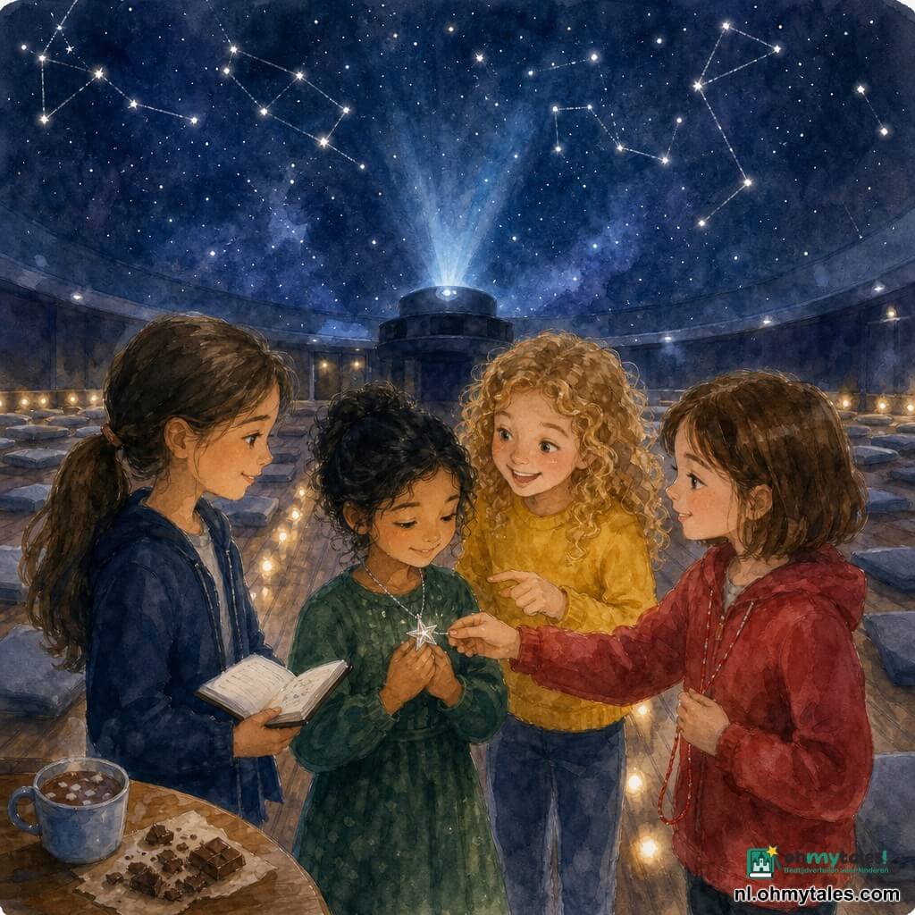 Vier meisjes in een planetarium onder een donkere koepel met zacht blauw licht en een sterrenprojectie: Lena (ongeveer 9) met bruin glad haar in een paardenstaart en een donkerblauwe jas houdt een open notitieboekje links; Noor (ongeveer 9) met blond krullend haar en een geel truitje staat iets rechts en leunt voorover glimlachend; Samira (ongeveer 8) met zwart haar en een groene jurk staat middenvoor en houdt een zilveren stervormige hanger tegen haar borst; Mila (ongeveer 9) met kort kastanjebruin haar en een rood jasje rechts reikt de hanger terug naar Samira; de sfeer is zacht en emotioneel, met vriendelijke gebaren en lichte glimlachen.