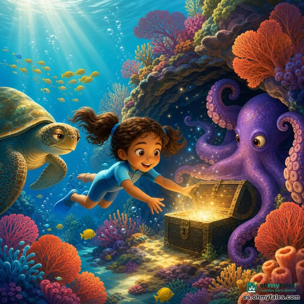 Una niña de 6 años, sonriente y asombrada, con cabello castaño ondulado en dos coletas y un traje de buceo azul claro, nada hacia un cofre antiguo y extiende la mano para abrirlo; una tortuga marina vieja y sabia con caparazón verde y dorado flota a la izquierda, un gran pulpo morado se aparta frente a la entrada de una cueva coralina, el escenario es un arrecife luminoso con corales en abanico naranja, rosa y rojo, cardúmenes de peces amarillos, burbujas y rayos de sol en agua turquesa, y la cueva del cofre brilla como un cielo estrellado con partículas centelleantes que crean una atmósfera de maravilla serena.