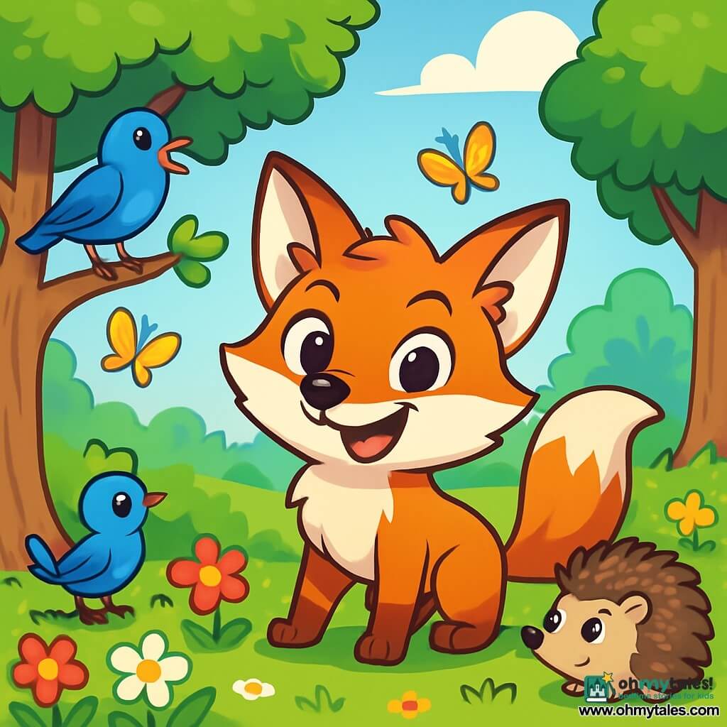 A mischievous fox with sparkling eyes and bright red fur, wearing a sly smile, stands in the center of a sunny clearing surrounded by colorful flowers and fluttering butterflies. Next to him, a small bright blue bird sings cheerfully on a low branch, while a curious hedgehog, with its spiky back, watches the scene with intrigue. The clearing is lined with majestic trees with vibrant green leaves, and a clear blue sky stretches above, dotted with fluffy clouds. The fox, with a determined and joyful expression, prepares a fun show to make his friends laugh, while the other animals gather around him, eager to see his surprises.