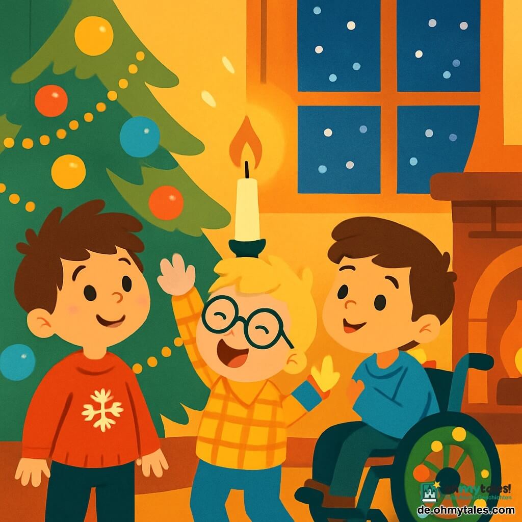 Es gibt drei Charaktere: - Max: ein 6-jähriger Junge mit zerzausten braunen Haaren, der einen roten Pullover mit Schneeflocken trägt. Er steht links, lächelt und schaut auf den Weihnachtsbaum. - Tim: ein 5-jähriger Junge mit blonden Haaren und runden Brillen, gekleidet in einem karierten Hemd. Er ist in der Mitte und springt vor Freude mit erhobenen Armen. - Leo: ein 6-jähriger Junge mit kastanienbraunen Haaren und strahlendem Lächeln, sitzt in einem Rollstuhl, der mit Girlanden geschmückt ist. Er ist rechts und schaut mit Staunen auf den Baum. Der Ort ist ein gemütliches Weihnachtszimmer mit einem großen beleuchteten Baum, geschmückt mit bunten Kugeln und funkelnden Girlanden. Draußen fallen sanft Schneeflocken, und der Kamin knistert und wirft ein sanftes goldenes Licht in den Raum. Die Hauptsituation zeigt die drei Freunde, die versuchen, eine Kerze am Baum auszublasen, um sie wieder anzuzünden, ihre Gesichter erleuchtet von der Magie der Lichter und der Freude von Weihnachten.