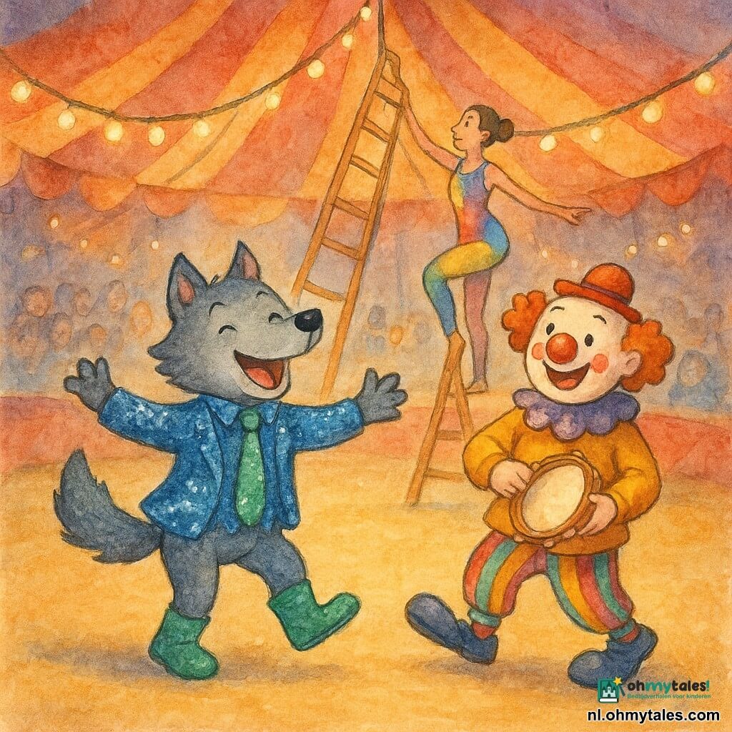 Een kleine wolf in een glinsterend kostuum met een glitterdas en groene laarzen danst vrolijk in het midden van een circuspiste. Naast hem speelt een vrolijke clown met een glanzende rode neus en kleurrijke sokken enthousiast op de tamboerijn. Achter hen manipuleert een acrobate in een kleurrijk kostuum een grote houten ladder die bijna levend lijkt, trillend op het ritme van de muziek. De scène speelt zich af onder een lichtgevulde circustent, met glinsterende lichtslingers erboven en een bewonderend publiek dat op de achtergrond applaudisseert. De sfeer is feestelijk en magisch, vol levendige kleuren en dynamische bewegingen.