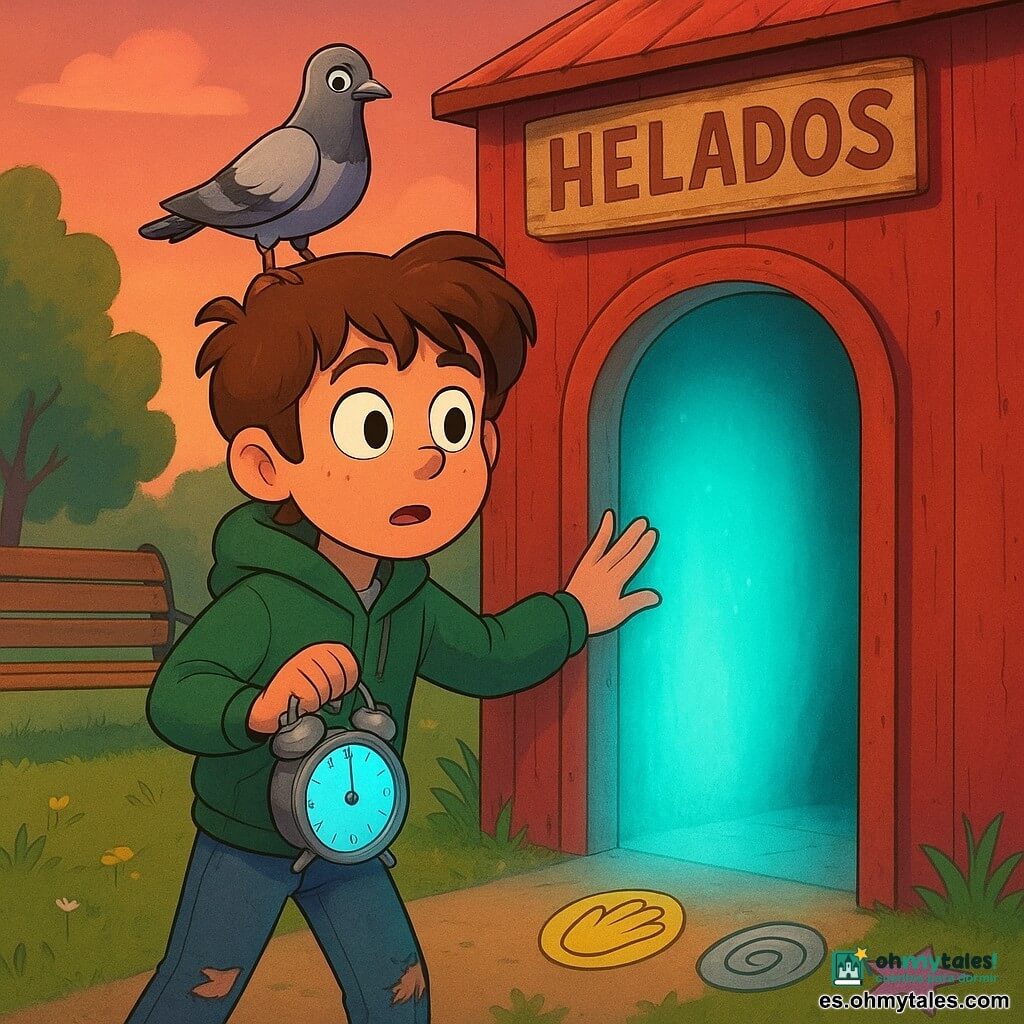 Un chico de 12 años, rostro redondo, pelo castaño alborotado y ojos grandes y curiosos, con expresión maravillada y algo indecisa; lleva vaqueros gastados, una chaqueta verde con capucha y sostiene un viejo despertador de metal que emite un pequeño resplandor azul, su mano derecha toca una rendija luminosa detrás de un quiosco. Una paloma gris y blanca de mirada traviesa está en el borde izquierdo del quiosco, observando. El quiosco cerrado es de madera pintada de rojo desvaído con un cartel “HELADOS” descascarillado; una puertita abierta deja salir un arco luminoso turquesa sin sombra. En el suelo delante del arco hay tres símbolos tipo pegatina: una mano abierta amarilla, una espiral plateada y una estrella violeta de tres puntas. El parque alrededor muestra un banco, césped verde con flores y un cielo crepuscular rosa anaranjado; la atmósfera es suave, mágica y silenciosa. La escena principal: el chico descubre una puerta luminosa secreta detrás del quiosco y duda en entrar mientras su despertador parpadea y la paloma lo mira.