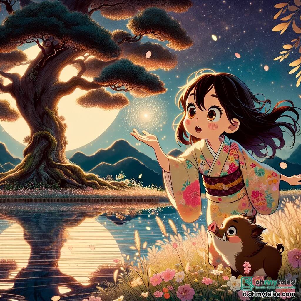 Yuki, una giovane di 12 anni, si trova sulla riva di un lago scintillante, con gli occhi spalancati per meraviglia. Ha lunghi capelli neri che fluttuano dolcemente nel vento e indossa un kimono tradizionale con motivi floreali colorati. Le sue guance sono leggermente rosate dall'emozione, e tende la mano verso il riflesso della luna nell'acqua, come se volesse toccare la magia. Accanto a lei, un piccolo cinghiale dal pelo marrone e dagli occhi maliziosi la incoraggia con un sorriso. Sullo sfondo, una maestosa quercia con rami espansi crea un'ombra dolce sul terreno coperto di fiori colorati. Le montagne giapponesi si stagliano all'orizzonte, immerse in una luce dorata, mentre petali di fiori fluttuano nell'aria. La scena principale mostra Yuki, piena di speranza e determinazione, pronta a esprimere un desiderio alla misteriosa Luna Riflessa, il cui riflesso brilla intensamente nel lago, illuminando la scena con una luce magica e rasserenante.
