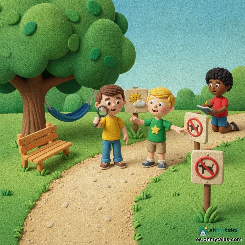 Hay tres niños: Mateo (≈7 años), pelo castaño corto, camiseta amarilla, vaqueros, sostiene una lupa en la mano derecha y mira un cartel central; Lucas (≈7 años), pelo rubio corto, camiseta verde con una estrella, pantalón corto beige, sonríe y señala un cartel con un perro tachado a la derecha de Mateo; Tomás (≈6 años), pelo negro rizado, camiseta roja, bermudas azules, arrodillado junto a un árbol tomando notas con un cuaderno y lápiz. Lugar: pequeño parque de barrio con césped texturizado, camino de grava beige, un gran árbol con hamaca azul, banco de madera y varios paneles de madera con pictogramas (perro tachado, árbol con hamaca, sol y nube). Situación: los tres examinan paneles informativos; ambiente soleado, colores vivos, formas suaves y aspecto de masa moldeable.