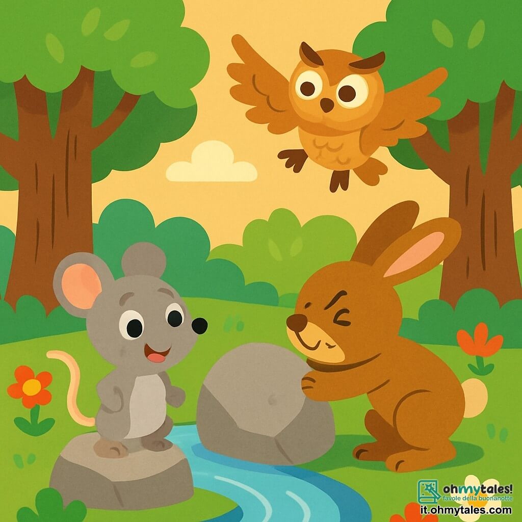 Un piccolo ratto di nome Pippo, con un morbido pelo grigio e occhi scintillanti di curiosità, si trova su una pietra al bordo di un fiume luccicante, mostrando un'espressione determinata e gioiosa. Accanto a lui, Lella la lepre, con il suo pelo marrone e le grandi orecchie dritte, spinge una grossa roccia con tutte le sue forze, mentre Gigi il gufo, con le piume dorate e i grandi occhi saggi, vola sopra di loro, indicando i sassi da spostare. Il luogo è un bosco magico, pieno di alberi maestosi dai tronchi larghi e fiori vivaci che danzano sotto la leggera brezza. In questa scena, Pippo e i suoi amici si uniscono per liberare il fiume, permettendo all'acqua di scorrere liberamente, creando un'atmosfera di amicizia e avventura.