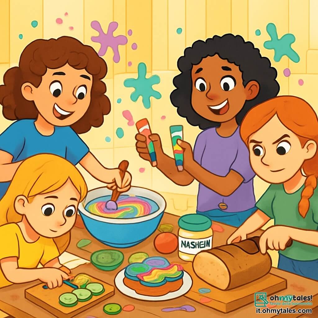 Ci sono 4 bambine: - Sofia: una ragazza di 11 anni con capelli ricci castani, indossa una maglietta blu e pantaloni rosa. Sta mescolando maionese colorata in una grande ciotola, con un sorriso malizioso. - Giulia: la sorella gemella di Sofia, con capelli biondi lisci, indossa un vestito giallo. È accovacciata, intenta a tagliare cetrioli, con un'espressione concentrata. - Emma: una ragazza di 11 anni con capelli rossi intrecciati, indossa una maglietta verde e pantaloni di jeans. È in piedi, con un coltello da pane, pronta a affettare una grande pagnotta, con un'espressione determinata. - Chiara: una ragazza di 11 anni con capelli neri ricci, indossa una maglietta viola. È in piedi accanto a Sofia, tiene tubi di colorante alimentare, sorridendo, pronta ad aggiungere colori alla maionese. La scena si svolge in una cucina luminosa e colorata, con pareti giallo pastello. Il pavimento è in piastrelle bianche, e il tavolo è coperto di vari ingredienti: barattoli di maionese, verdure tagliate e tubi di colorante. Schizzi di maionese colorata decorano le pareti e il pavimento, aggiungendo un tocco di caos gioioso all'ambiente. Le quattro ragazze stanno preparando uno spuntino divertente, creando panini colorati e strani, ridendo e sfidandosi, illustrando la complicità e il divertimento tra sorelle e amiche.