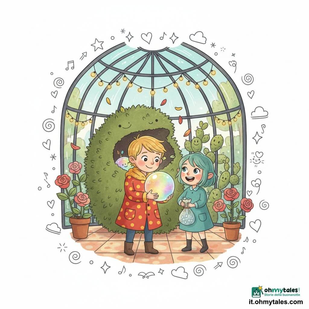 Il principe (ragazzo) è piccolo, sorridente e curioso, con cappotto a pois rosso e giallo e capelli biondo miele; tiene delicatamente una grande sfera di vetro luminosa che dona alla serra per riconciliare gli abitanti; Brina la ninfa (ragazza ~8 anni), minuta, capelli corti verde-azzurri, ride tenendo un sacchetto di gocce di rugiada e guarda la sfera con occhi brillanti; la Pianta-Riccio (pianta-personaggio) è un cespuglio a forma di riccio con foglie punteggiate e morbide che apre una cavità dove riposa la sfera, petali cadono intorno e sta dietro il principe come amica protettiva; la serra è una grande casa di vetro con vetrate arrotondate piena di piante colorate — rose che arrossiscono, cactus buffi, liane a spirale, pavimento a motivo di caramella e ghirlande di lucine; scena principale calda e giocosa, luce morbida, colori vivaci, petali che fluttuano e piccole note musicali disegnate come doodle.