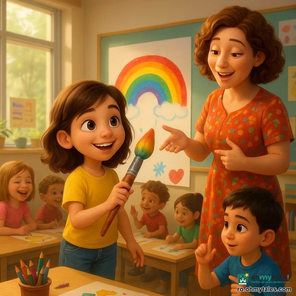 Ana, fetiță de 8 ani, zâmbește încrezătoare ținând un pensul mare colorat și pictând un curcubeu viu pe o foaie mare lipită de perete; doamna Maria, femeie de 30–40 de ani cu zâmbet cald, cântă și ghidează copiii stând în dreapta Anei; Mihai, băiat de 8 ani cu expresie concentrată, comunică în limbaj mimico-gestual privind-o pe Ana și stă ușor în stânga ei lângă masă; alți 3–4 copii (fete și băieți, 7–9 ani) râd și adaugă desene în jurul curcubeului; sala e luminoasă, ferestre mari cu lumină de dimineață, mese din lemn deschis, postere colorate, plante în ghivece și rafturi cu cărți și creioane; atmosferă caldă și incluzivă, culori saturate, contraste blânde și texturi netede, lucioase, într-un stil de animație 3D, focalizare pe curcubeul central și chipurile expresive ale copiilor.