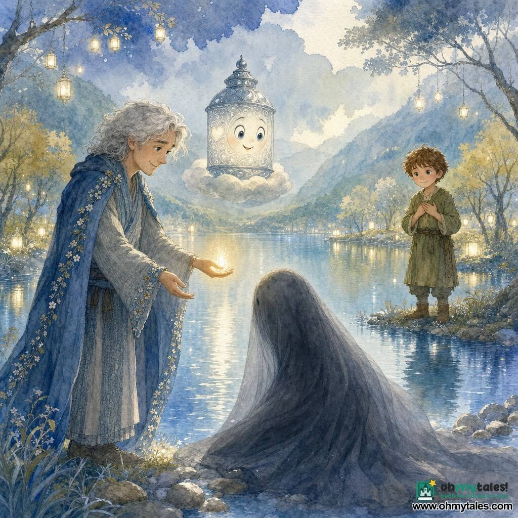 A gentle-faced man named Tomas with pale gray hair, a soft smile and a small warm light like a candle in his outstretched hand stands at the edge of a tranquil mirror lake wearing blue-gray woven clothes and a cape edged with tiny flowers; a carved glass lantern engraved with hearts and waves floats to his right on a low cloud, casting a silver glow and laughter-like patterns and seeming attentive and kind; across the shore a shy seven-year-old boy with chestnut hair and a simple leaf-colored robe stands with hands to his heart watching Tomas and the lake; before Tomas at the water’s edge a large, supple slate-gray shadow shaped like a pleated veil hesitates between folding and releasing; the scene takes place in a misty, luminous valley of floating clouds, low pastel-leaf trees, shiny pebbled shores, silvery grasses and lanterns like low stars in watercolor blues, pale greens and touches of gold; Tomas reaches his light toward the shadow to comfort and soften it while the lantern and boy look on, a calm, tender, hopeful moment with trembling reflections on the water.