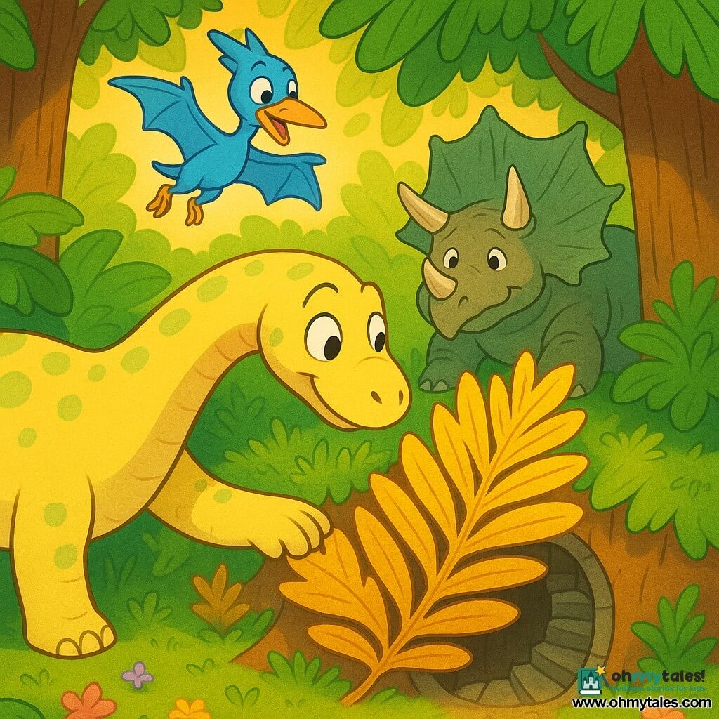 A gentle, long-necked diplodocus named Luna, pale yellow with light green spots, bright round eyes and a warm smile, is amazed and curious as she nudges a large golden fern with her muzzle to reveal a spiral stone staircase leading underground; a small blue-feathered pterodactyl named Pip, excited, hovers above flapping its delicate wings and points at the fern with a foot, while an old triceratops named Trixie with massive horns and rough gray skin sits under a big fern in the background, kindly observing; the scene is a bright dinosaur forest with thick trunks, giant emerald leaves, golden sunbeams, mossy ground and colorful small flowers, the shiny golden fern contrasting strongly with the green, creating a calm, magical atmosphere with vivid colors, clear outlines and very readable expressions for children.