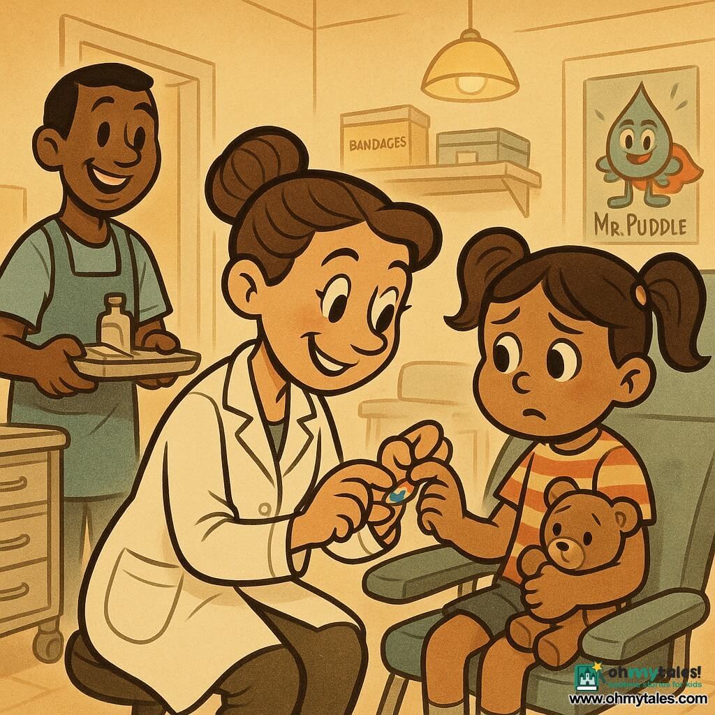 The main character is a smiling, kind female doctor with brown hair in a bun, wearing a clean white coat with pockets; she is crouched and gently applying a colorful "shark" bandage to a little finger, her expression reassuring and attentive. A girl (about 7) sits to the doctor's right on an exam chair, holding her injured finger, slightly worried but curious, hair in pigtails, wearing a striped T‑shirt and clutching her comfort toy. A male nurse (about 28) stands to the left with a friendly stance, short hair and a blue apron, offering a tray with bandages and a small bottle of soap, smiling. In the background a boy (about 11) stands by the door holding a water bottle, in a crumpled sports T‑shirt, watching with an amused, relieved look. The consultation room is bright and warm with soft yellow lamps, cream walls with colorful posters (including a water‑drop mascot "Mr. Puddle" in a cape), labeled shelves, a wheeled medical cart and a shiny sink. The scene is a tender, calm moment of gentle care, the shark bandage like a little trophy, in warm colors, rounded lines and dynamic silhouettes in a retro cartoon style.
