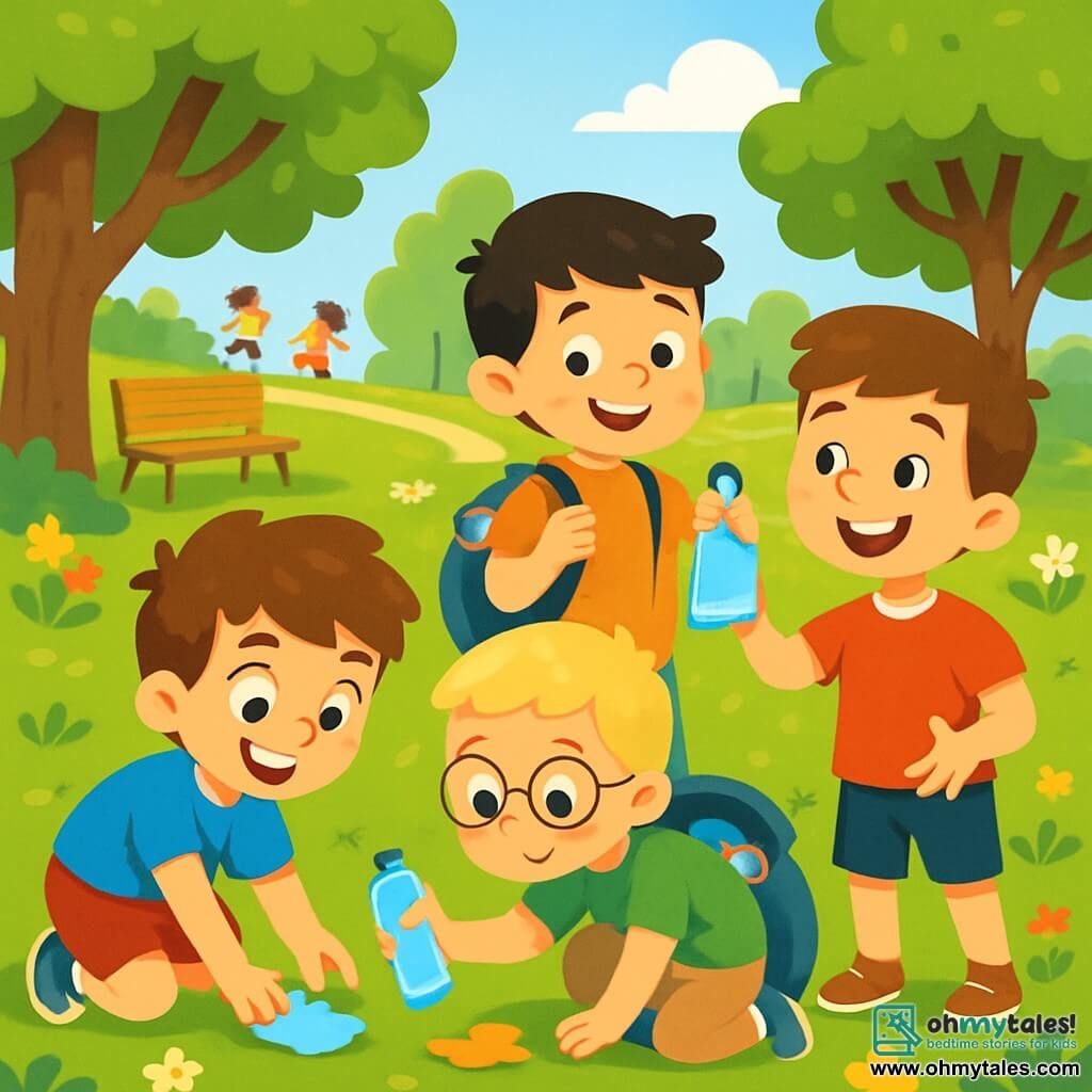 There are 4 children: Max, an 8-year-old boy with messy brown hair, wearing a blue t-shirt and red shorts, is picking up a piece of plastic from the ground, smiling enthusiastically. Leo, a 7-year-old boy with blonde hair and round glasses, dressed in a green t-shirt and beige pants, is bending down to pick up a plastic bottle, looking focused. Sam, an 8-year-old boy with black hair and freckles, wearing an orange t-shirt and blue shorts, is holding a backpack filled with recyclable waste, looking proudly at his friends. Ben, a 7-year-old boy with brown hair and a bright smile, dressed in a red t-shirt and shorts, is showing a shiny wrapper he found, laughing joyfully. The main setting is a green park with large trees, colorful flowers in the grass, and a clear blue sky with fluffy white clouds. Wooden benches and a gravel path can be seen, where other children are playing. The main situation shows the four friends cleaning the park, laughing and encouraging each other while picking up colorful trash, turning their activity into a fun game and caring for nature.