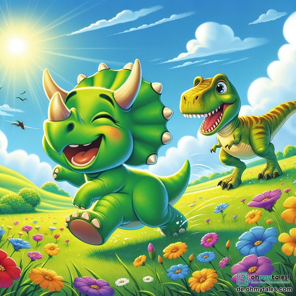 Ein Triceratops namens Trixi, mit leuchtend grüner Haut und drei Hörnern auf dem Kopf, springt voller Freude auf einer sonnigen Wiese, umgeben von bunten Blumen. Neben ihm spielt ein freundlicher T-Rex mit gelben Schuppen und einem großen Lächeln, während sie über das grüne Gras rennen. Die Szene findet in einer weitläufigen Wiese statt, die von goldenem Licht durchflutet wird, mit sanften Hügeln am Horizont und einem blauen Himmel, der mit flauschigen weißen Wolken übersät ist. Trixi und der T-Rex haben Spaß zusammen, lachen und rennen, und feiern ihre neue Freundschaft in dieser idyllischen Landschaft.