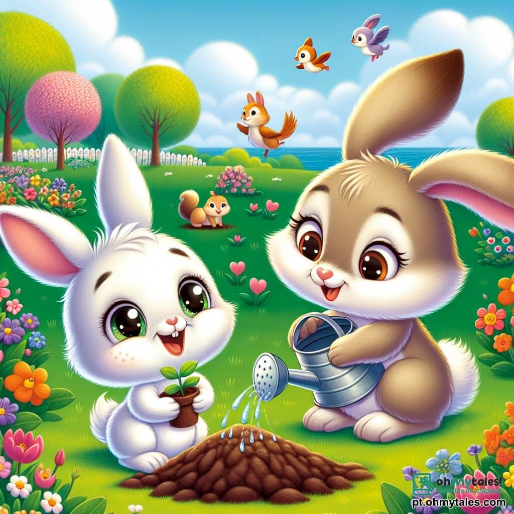 Um coelhinho chamado Beto, com pelagem suave e branca, grandes orelhas e olhos brilhantes de alegria, está plantando uma pequena semente na terra, com um grande sorriso no rosto. Ao seu lado, sua mãe, uma linda coelha de orelhas longas e pelagem marrom claro, o encoraja com um olhar orgulhoso e amoroso, segurando um regador cheio de água. O cenário é um parque primaveril vibrante de cores, com flores brilhantes de todas as tonalidades, árvores verdejantes e um céu azul claro salpicado de nuvens brancas e fofas. Ao longe, amigos animais, como um esquilo pequeno e um pássaro colorido, se divertem brincando e voando, adicionando vida à cena. A situação principal mostra Beto, todo empolgado, plantando sua semente, enquanto sua mãe o ajuda a regar a terra, simbolizando o início de uma bela aventura primaveril.