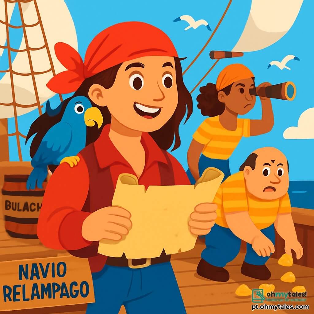 A Capitã Valéria, uma mulher corajosa de cerca de trinta anos, usa uma bandana vermelha e um sorriso determinado. Seus cabelos castanhos voam ao vento, e ela segura firmemente um velho pergaminho, observando o horizonte com olhos brilhantes de excitação. Ao seu lado, Tico, o papagaio azul, está pousado em seu ombro, observando com curiosidade. Um pouco mais adiante, Rita, uma jovem de cerca de 25 anos, com cabelos cacheados e pele bronzeada, ajusta um telescópio de pirata, pronta para avistar os inimigos. Barrigudo, um homem gordinho de cerca de quarenta anos, está recolhendo pedaços de queijo espalhados, com uma expressão preocupada. A cena acontece no convés do Navio Relâmpago, um grande barco com velas brancas, cordas emaranhadas e barris de biscoitos empilhados. O céu é de um azul brilhante, e gaivotas voam acima do navio. Valéria, determinada e pronta para defender seu navio, está cercada por seus amigos, todos cientes de que piratas rivais se aproximam.