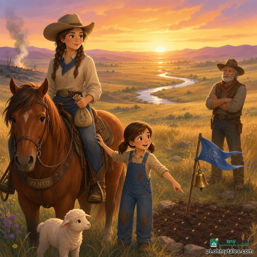 Mulher cowgirl adulta, rosto redondo, tranças castanhas, chapéu de couro bege, olhar calmo e decidido, sorriso discreto, sentada no grande cavalo alazão chamado Vento, segurando as rédeas e uma pequena sacola de lona; menina de ~8 anos, Nita, com rabo de cavalo, olhos arregalados de espanto, jardineira azul suja de terra, em pé junto ao cavalo com uma mão na sela e a outra apontando para um sulco de terra fresca onde plantaram sementes; homem idoso Sr. Tom, ~60 anos, barba grisalha, chapéu gasto, rosto rugoso e benevolente, de braços cruzados observando de longe, poeira nas botas; paisagem de pradaria ondulada ao pôr do sol, gramíneas altas douradas e verdes, colinas distantes, um córrego brilhante, pedras e área de terra fresca, vestígios de fumaça apagada; situação: a cowgirl e a menina salvaram um cordeiro e apagaram um incêndio na pradaria, plantam sementes e prendem uma pequena bandeira azul e um guizo num bastão, o vento faz a bandeira tremular e o guizo tilintar, clima de solidariedade e calma após o esforço.
