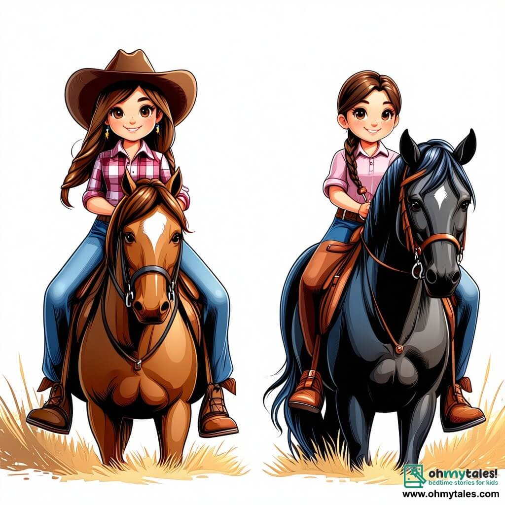 Clara McGraw, a 12-year-old cowgirl, proudly stands on her mare Daisy, wearing a wide cowboy hat and a determined smile. Her brown hair flows in the wind as she dons a plaid shirt and leather boots. Beside her, Dakota, a 14-year-old girl with long braided hair, rides her black horse, showing confidence and camaraderie. She wears a leather vest and a colorful scarf around her neck. The scene takes place in an outdoor arena, surrounded by enthusiastic spectators, with colorful banners fluttering in the wind and food stalls in the background. The dusty ground and bright sun create a festive atmosphere. Clara and Dakota stand side by side, ready to confront intruders disrupting the competition, with expressions of courage, determined to protect their event and uphold the spirit of camaraderie.