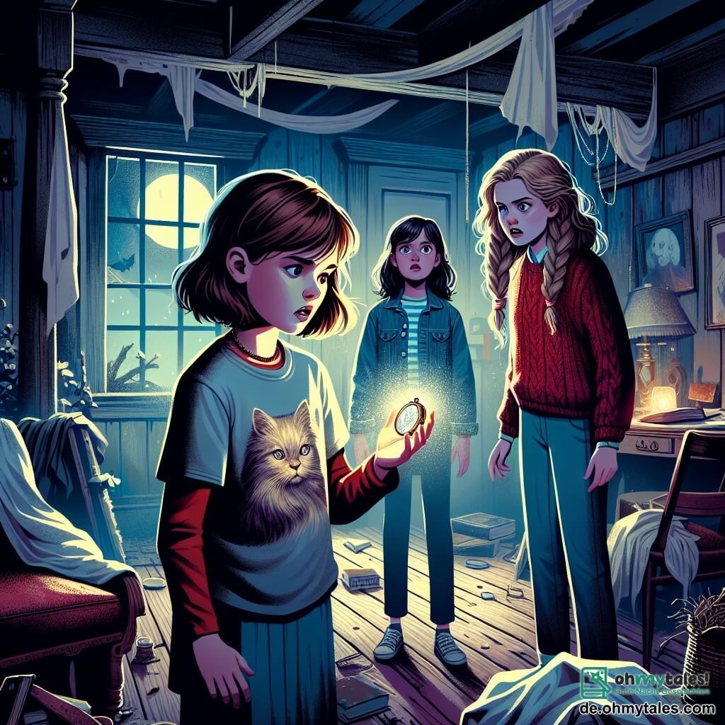 Drei junge Mädchen, Clara, Lena und Mia, stehen im Zentrum eines dunklen und staubigen Raumes eines alten Herrenhauses. Clara, 12 Jahre alt, hat lange braune Haare und trägt einen roten Pullover. Sie hält ein kleines, glänzendes Medaillon in ihren Händen, ihr Gesicht ist von Neugier erleuchtet. An ihrer rechten Seite steht Lena, ebenfalls 12 Jahre alt, mit geflochtenen blonden Haaren und einer Jeansjacke. Sie schaut besorgt auf das Medaillon. Links steht Mia, die Unerschrockenste der Gruppe, mit schwarzen Haaren und einem T-Shirt mit Katzenmotiv. Sie beugt sich leicht nach vorne, bereit, mehr zu erkunden. Der Raum hat verfallene Holzwände, Spinnweben in den Ecken und alte Möbel, die mit weißen Tüchern bedeckt sind. Das Mondlicht fällt durch ein zerbrochenes Fenster und wirft unheimliche Schatten auf den abgenutzten Holzboden. Die Hauptsituation zeigt die Mädchen, die das geheimnisvolle Medaillon entdecken, umgeben von einer spannungsgeladenen Atmosphäre, während Schatten um sie herumtanzen und die Anwesenheit alter Geheimnisse und ungelöster Rätsel andeuten.