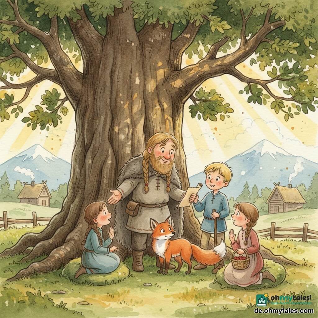 Ein rundgesichtig bärtiger Mann namens Leif mit hellbraid geflochtenen Haaren, in einer Wolltunika und Pelzmantel, lächelt freundlich und reicht den Kindern die Hand, während er ein kleines zusammengerolltes Pergament unter dem Arm hält; rechts von ihm steht ein etwa neunjähriger blonder Junge mit Wanderstab, links hockt ein etwa siebenjähriges Mädchen mit braunen Zöpfen und einem Korb Beeren, alle sitzen auf Mooskissen um Leif, ein roter Fuchs mit buschigem Schwanz liegt bei seinen Füßen; die Szene spielt unter einer alten Eiche mit sichtbaren Wurzeln, goldene Sonnenstrahlen dringen durch dunkle grüne Blätter, im Hintergrund blaue Hügel, entfernte schneebedeckte Berge und einige strohgedeckte Holzhäuser; Hauptsituation: Leif erzählt die Legende des Helden Eirik, warme, einladende Komposition in sanften Aquarellfarben mit Gelb- und Ockertönen für das Licht und texturierten Grün- und Brauntönen für den Wald.
