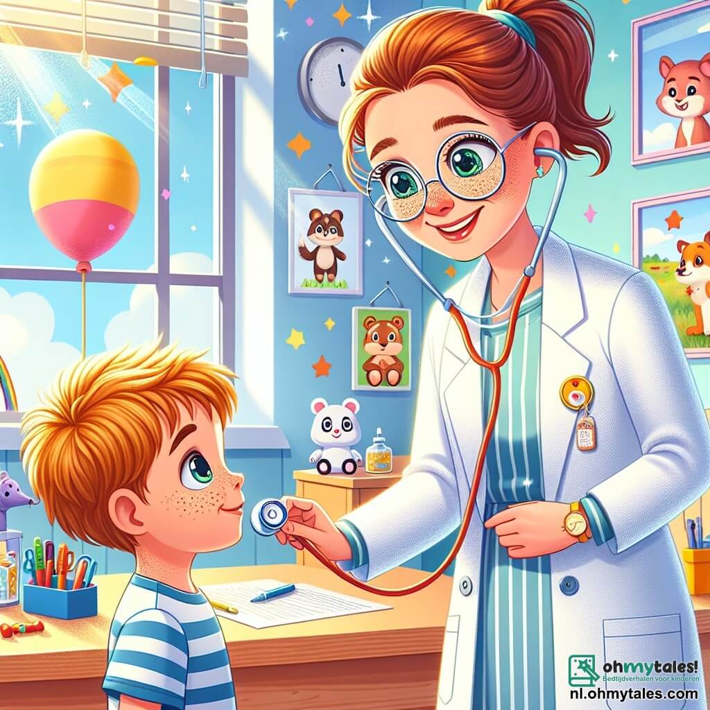Dokter Lotte is een glimlachende vrouw in een stralend witte blouse en ronde brillen. Haar kastanjebruine haar is in een paardenstaart, en haar ogen stralen empathie uit. Ze luistert naar het hart van Tim met een stethoscoop, met een blije en geruststellende uitdrukking. Tim is een 7-jarig jongetje met rommelig blond haar en sproeten op zijn gezicht. Hij draagt een blauwe t-shirt en een korte broek. Hij staat rechtop, een beetje nerveus maar nieuwsgierig, met grote ogen naar de stethoscoop kijkend. De scène speelt zich af in een lichte spreekkamer, vol kleurrijke posters van dieren en zwevende ballonnen. Er is een groot houten bureau met verspreide medische speeltjes, en een raam laat zonlicht binnen, wat een warme en uitnodigende sfeer creëert. In deze hoofdscène gebruikt dokter Lotte haar stethoscoop om naar het hart van Tim te luisteren, die zowel bezorgd als gefascineerd is door de ervaring. Beide personages delen een moment van verbondenheid en vertrouwen, wat de magie van een bezoek aan de dokter illustreert.
