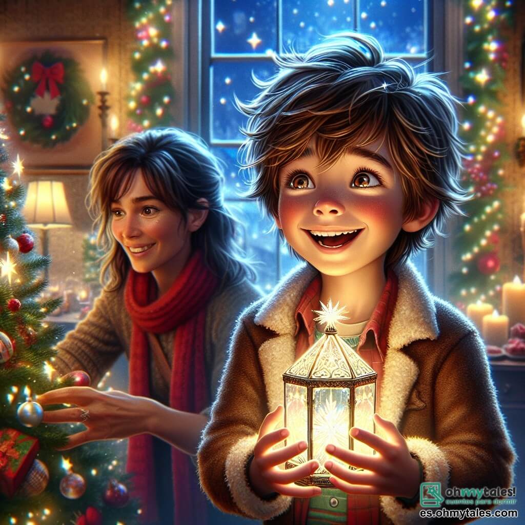 Un niño de 7 años, Lucas, con cabello castaño desordenado y una gran sonrisa, está en el centro de la imagen, sosteniendo un pequeño farol de cristal brillante. Sus ojos brillan de emoción y felicidad mientras mira a su alrededor, listo para compartir la magia de la Navidad. A su derecha, su madre, una mujer de unos treinta años con cabello castaño y una bufanda roja, decora un árbol de Navidad con bolas coloridas y guirnaldas brillantes. Ella sonríe tiernamente a Lucas, orgullosa de su entusiasmo. El ambiente es acogedor, lleno de luces navideñas y decoraciones festivas. Un gran árbol de Navidad está iluminado en un rincón, mientras una mesa de madera está cubierta de pasteles y chocolates navideños. La escena principal muestra a Lucas, maravillado, revelando la magia de la Navidad a su familia con el farol mágico, iluminando la habitación mientras las estrellas brillan a través de la ventana, creando una atmósfera mágica y alegre.