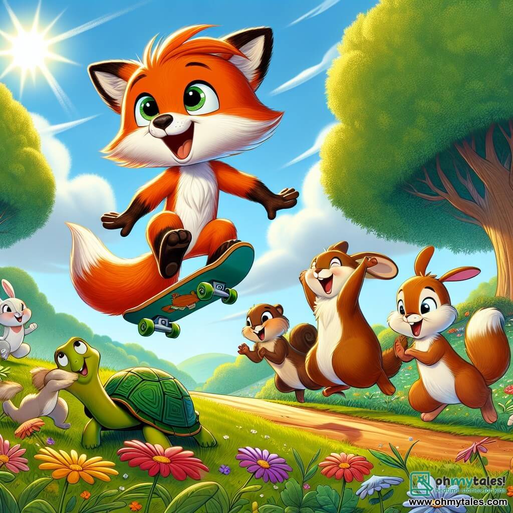 A little fox named Felix, with bright orange fur and a fluffy tail, is joyfully jumping on a skateboard, smiling with excitement in his eyes. Next to him, Benny the rabbit, with long ears and white fur, is jumping with joy, his eyes sparkling with encouragement, while Lila the squirrel, with her brown fur and bushy tail, enthusiastically claps from a tree branch. Tilly the turtle, with her green shell and mischievous eyes, stands on the ground, smiling and ready to give advice, right in front of Felix. The setting is a sunny meadow filled with colorful flowers dancing in the breeze, with majestic trees in the background and a bright blue sky. The scene captures the moment when Felix, full of determination, launches off the ramp, ready to make his first daring jump on the skateboard, surrounded by his friends cheering him on joyfully.