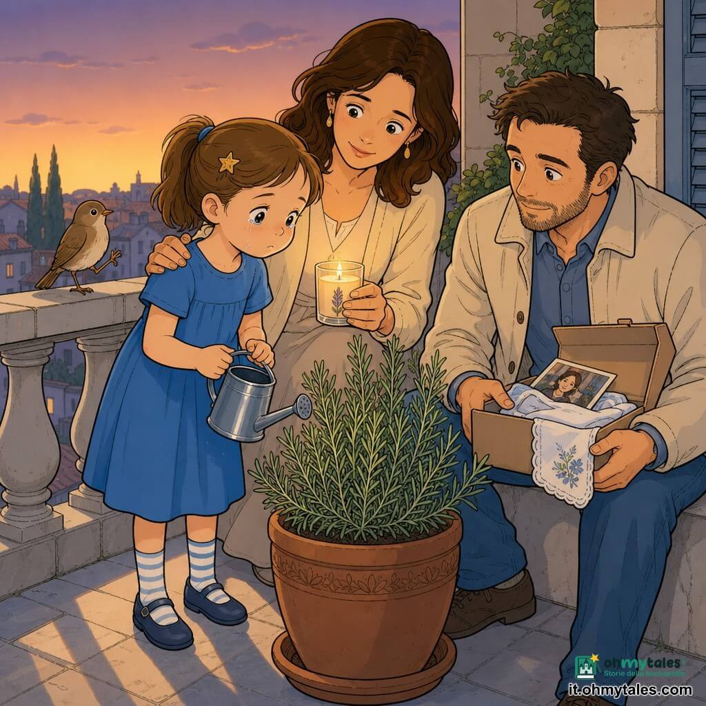 Bambina di 6 anni dal viso rotondo e capelli castani raccolti in una coda con una mollettina a stella, sguardo umido e labbra serrate, tiene un piccolo annaffiatoio e versa acqua in un grande vaso di rosmarino; sembra triste ma calma, veste un semplice abito blu e calzini a righe. Accanto la madre (circa 35 anni) con capelli castani sciolti posa la mano sulla spalla della bambina e accende una candela in un bicchiere, il padre (circa 38 anni) è seduto su un muretto dietro di loro con barba corta e giacca chiara, tiene una scatola aperta con una foto e un fazzoletto ricamato. Un piccolo uccellino bruno è sul bordo del balcone a osservare; il balcone è in pietra chiara, con un vaso di terracotta, una candela nel vetro, l’annaffiatoio metallico e la scatola. La luce è calda di candela mescolata al crepuscolo, ombre lunghe e toni pastello, atmosfera intima e pacata mentre la famiglia condivide un momento di ricordo.