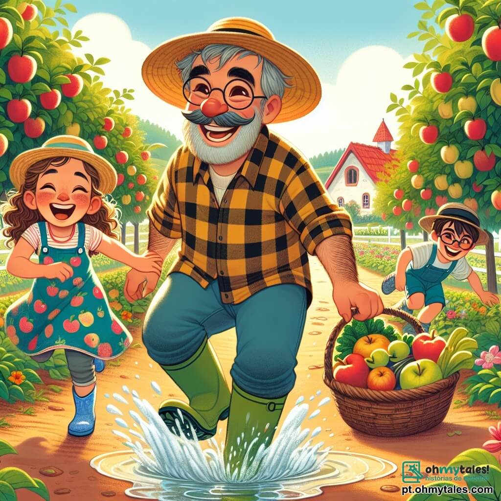 No centro da imagem, um homem chamado Joaquim, um agricultor sorridente de cerca de quarenta anos, usa uma camisa de flanela xadrez vermelha e um grande chapéu de palha. Seu rosto é bronzeado pelo sol, e seus olhos brilham de alegria enquanto colhe frutas em um pomar. Ao lado dele, uma menina chamada Ana, com cerca de 8 anos, tem cabelos cacheados e usa um vestido colorido. Ela ri enquanto salta em uma poça d'água, espirrando água ao seu redor. Um menino chamado Pedro, de 9 anos, com óculos e um boné, está um pouco atrás, segurando uma cesta cheia de legumes frescos, com um sorriso de admiração no rosto. O cenário é um pomar exuberante, cheio de macieiras carregadas de frutas maduras, sob um céu azul claro com algumas nuvens brancas. Flores coloridas bordam o caminho, e ao longe, vê-se a fazenda de Joaquim com seu telhado vermelho vivo. A cena principal mostra Joaquim e as crianças colhendo frutas e legumes, rindo e se divertindo juntos, criando uma atmosfera alegre e calorosa, cheia de vida e cores.