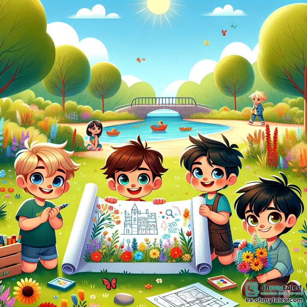 En un parque soleado, un grupo de cuatro chicos se prepara para una sorpresa especial. Nico, un niño de 8 años con cabello castaño desordenado y una sonrisa brillante, sostiene un gran cartel de cartón decorado con dibujos coloridos. A su lado, Lucas, un niño de 9 años con gafas redondas y cabello rubio, dibuja un plan en una hoja. Tomás, un niño de 7 años con cabello negro y ojos brillantes, sostiene un bonito ramo de flores silvestres que ha recogido. Por último, Sergio, un niño de 8 años con cabello castaño y un aire travieso, muestra una piedra en forma de corazón que ha encontrado. El parque está lleno de grandes árboles verdes, flores coloridas y un pequeño lago que brilla bajo el sol. Una suave brisa hace danzar las hojas y los pájaros cantan alegremente en las ramas. Los chicos están preparando una búsqueda del tesoro para celebrar el Día de la Madre y están a punto de esconder sorpresas para la mamá de Nico, que llega pronto. La emoción es palpable mientras se organizan para hacer de este día algo inolvidable.