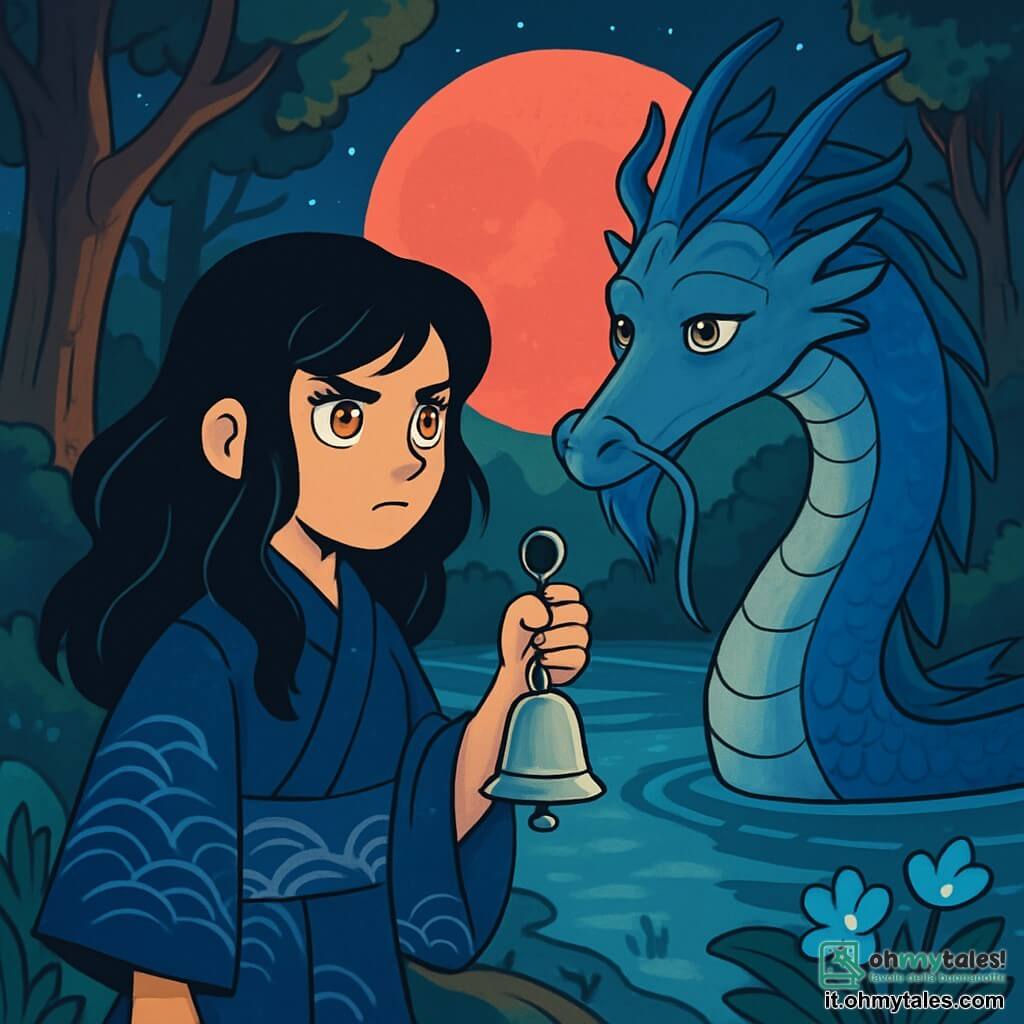 Amaya, una giovane donna dai capelli neri come il carbone e dagli occhi ambra brillanti, si trova sulla riva di un lago misterioso, con il viso segnato da determinazione e curiosità. Indossa un kimono blu scuro decorato con motivi di onde argentate, e stringe nella mano un'antica campana d'argento che scintilla alla luce della luna. Vicino a lei, un maestoso drago serpentino, con squame blu e argento, emerge dalle acque, i suoi occhi tristi e saggi fissi su Amaya con intensa profondità. Sembra pronto a offrirle un sapere antico, fluttuando nell'aria come una promessa. Il paesaggio è una foresta fitta e incantata, dove gli alberi dai tronchi nodosi si ergono verso un cielo stellato, mentre una leggera nebbia danza attorno alle radici. Fiori luminescenti emettono una dolce luce, aggiungendo un tocco di magia all'atmosfera notturna. La scena principale mostra Amaya, determinata a rompere il ciclo dell'oscurità, pronta ad ascoltare le parole del drago, mentre la luna rossa sorge maestosamente dietro di loro, illuminando la scena con una luce mistica e avvincente.