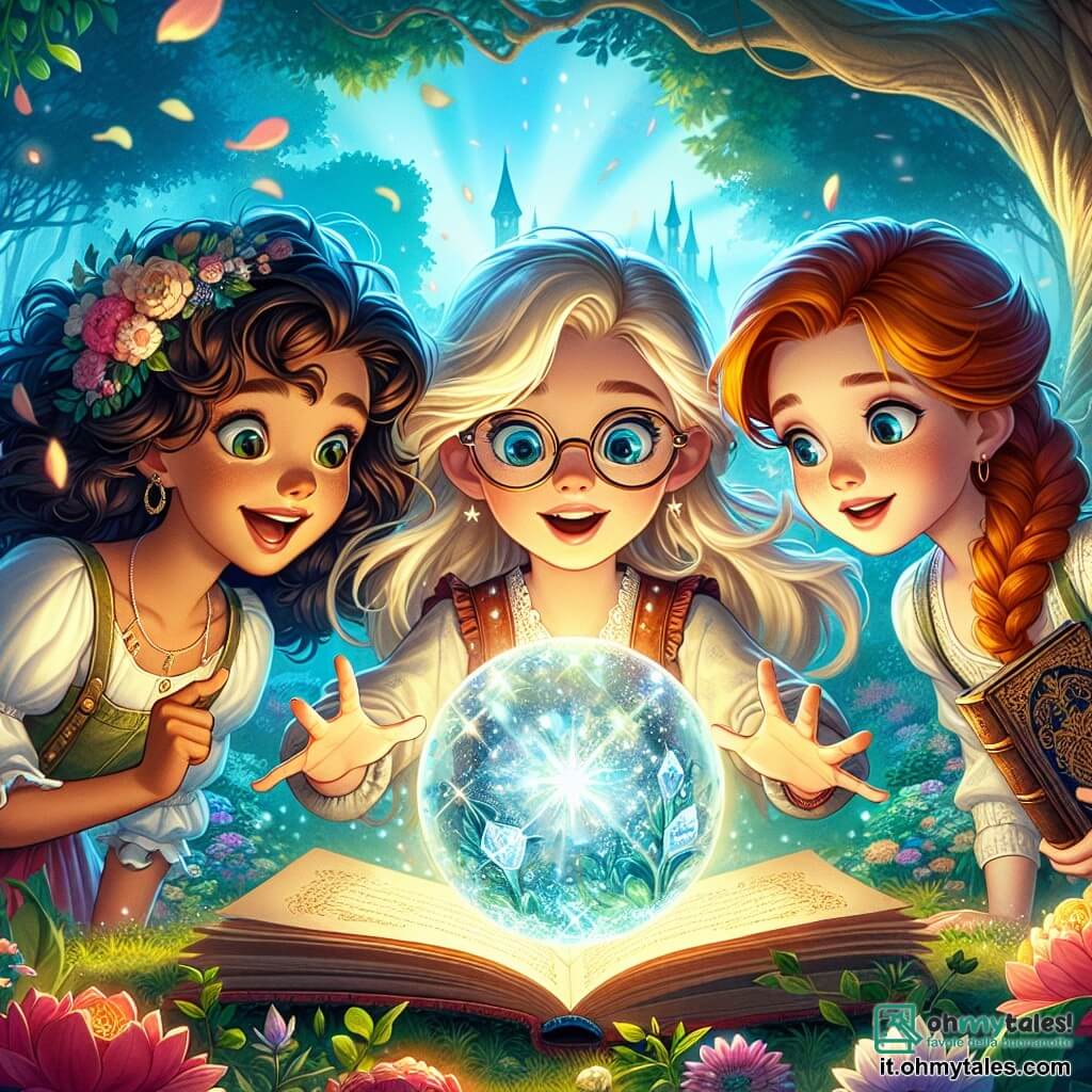 Al centro dell'immagine, tre ragazze di dodici anni sono riunite attorno a una piccola sfera di cristallo brillante. Anna, con i capelli castani ricci e un sorriso malizioso, si trova a sinistra, indicando la sfera con entusiasmo. Beatrice, con i capelli biondi lisci e occhiali, è al centro, con gli occhi spalancati dalla curiosità, mentre tiene un vecchio libro di incantesimi. A destra, Carla, con i capelli rossi intrecciati e un'espressione esitante, guarda la sfera con prudenza. Lo scenario è un giardino incantevole, pieno di fiori colorati e alberi maestosi, sotto un cielo blu splendente. I raggi di sole filtrano attraverso le foglie, creando ombre danzanti sul terreno. Le ragazze stanno scoprendo la sfera magica che brilla intensamente, pronta a esaudire un desiderio, mentre una leggera brezza fa volare alcuni petali intorno a loro, aggiungendo un tocco di magia all'atmosfera.