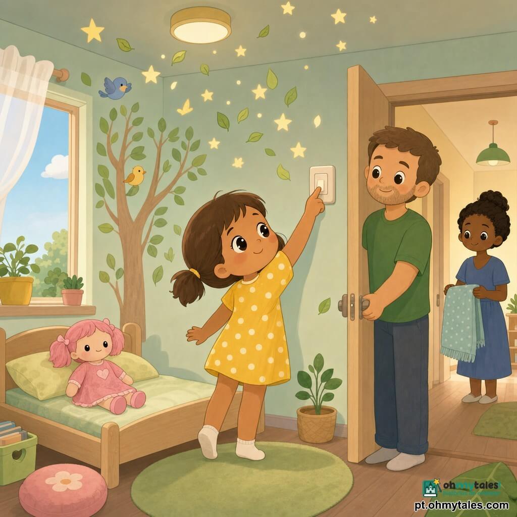 Menina de 4 anos, rosto redondo, cabelo castanho curto em rabo, olhos grandes e brilhantes, sorriso suave, expressão concentrada, estende o braço para desligar o interruptor do teto vestindo vestido amarelo com poás brancos; sua boneca Nina de tecido rosa está sobre a cama ao lado, com olhar fixo; o pai, cerca de 32 anos, cabelo curto, barba rala, de camiseta verde, sorri na porta com a mão na maçaneta, olhar afetuoso; a mãe, cerca de 30 anos, cabelo preso em coque, vestido azul, dobra uma mantinha no corredor observando com ternura; quarto infantil luminoso e colorido com cama baixa de madeira clara, adesivos de árvores e pássaros na parede, janela pequena com cortina branca esvoaçante e plantas no peitoril, atmosfera em tons pastel e iluminação quente que diminui quando a menina atua, pequenas estrelas e folhas desenhadas simbolizando o gesto ecológico.