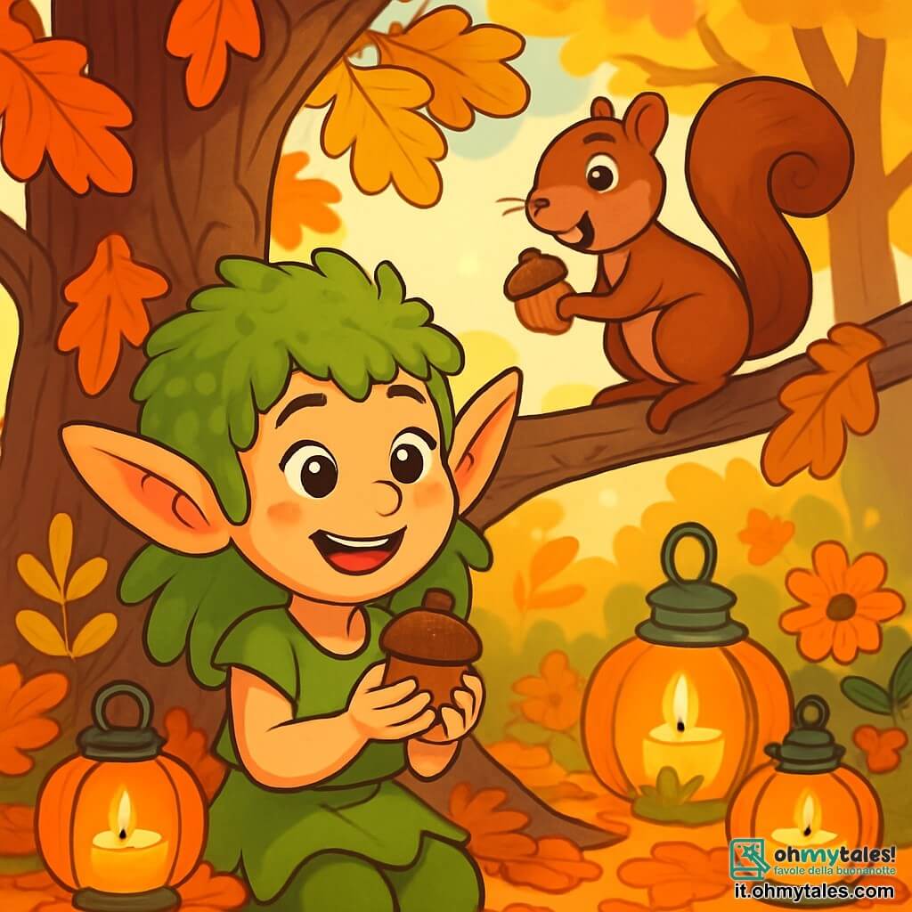 Piuma, una piccola creatura con capelli verde muschio e grandi orecchie morbide come piume, sorride meravigliata mentre tiene una piccola ghianda tra le mani. I suoi occhi brillano di gioia mentre si trova ai piedi di una maestosa quercia, le cui fronde sono adornate di foglie dorate e rosse. Accanto a lei, Ghianda, una piccola scoiattolo dal pelo marrone e dagli occhi vivaci, scala agilmente un ramo, il suo viso radioso di eccitazione. Tiene una piccola noce nella zampa anteriore, pronta a nasconderla per l'inverno. Il decor è un giardino incantevole, pieno di foglie colorate che tappezzano il terreno, con raggi di sole che filtrano tra i rami, creando ombre danzanti. Fiori d'autunno dai toni caldi aggiungono tocchi di colore vibrante intorno a loro. La scena mostra Piuma e Ghianda mentre preparano una piccola festa d'autunno, circondate da lanterne fatte di zucche, che illuminano il giardino con una dolce luce calda.