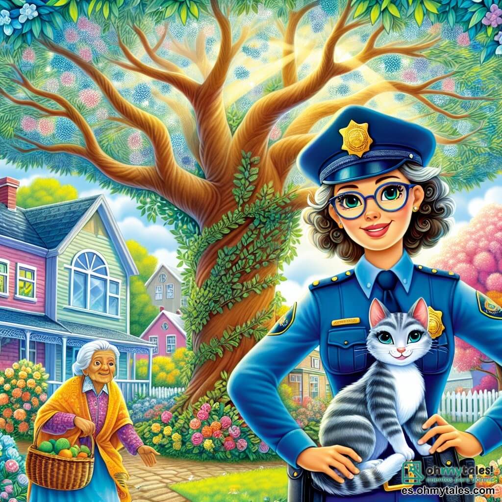 Lucía, una joven policía de unos 25 años, se encuentra con confianza al pie de un gran árbol, con su uniforme azul marino perfectamente ajustado y su gorra en la cabeza. Sonríe cálidamente, mostrando su entusiasmo y determinación para ayudar, mientras sostiene un gatito gris de ojos brillantes en sus brazos. Cerca de allí, Doña Rosa, una mujer mayor de unos 70 años, con cabello plateado y rostro arrugado, mira a Lucía con gratitud. Lleva un chal colorido y gafas, y sus manos temblorosas sostienen una cesta de mimbre llena de frutas. Se encuentra justo al lado del árbol, visiblemente aliviada y feliz de ver a su gatito salvado. El lugar es un barrio residencial tranquilo, con casas coloridas y jardines florecidos, y el cielo es de un azul brillante. El árbol, majestuoso y verde, se alza en el centro de la escena, con ramas extendidas y hojas brillantes que bailan al viento. La situación principal muestra a Lucía, la policía, trepando con cuidado en el árbol para salvar al gatito atrapado, mientras Doña Rosa la anima con palabras amables, creando una atmósfera de camaradería y bondad.